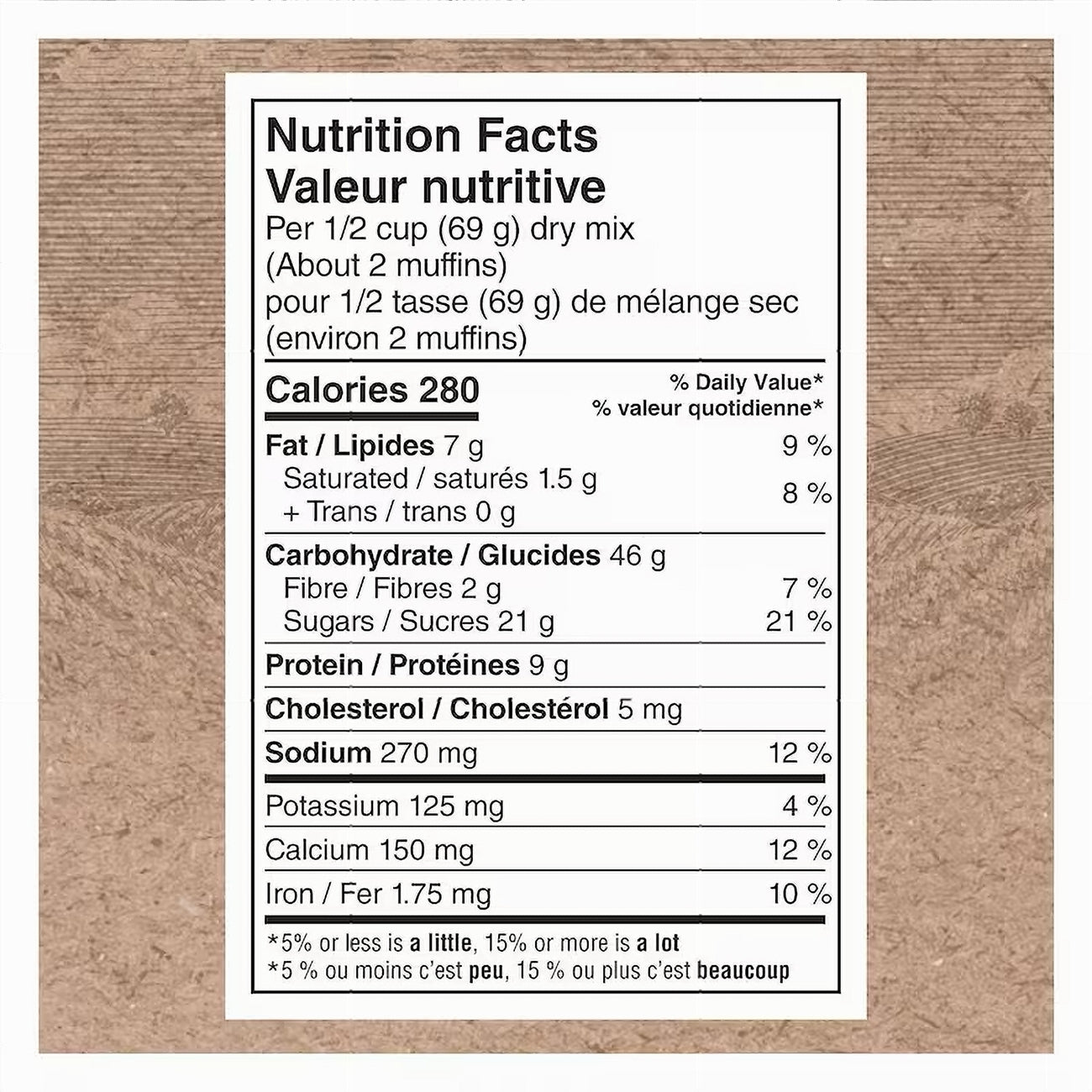 Nutrition facts label for Quaker PROTEIN Muffin Mix Oatmeal, 750g package on a brown background