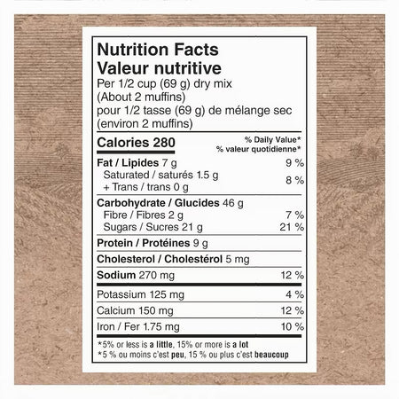 Nutrition facts label for Quaker PROTEIN Muffin Mix Oatmeal, 750g package on a brown background