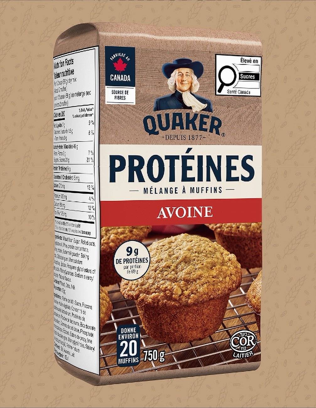 Quaker Protein Oat Muffin Mix, 750 packaging on a brown background