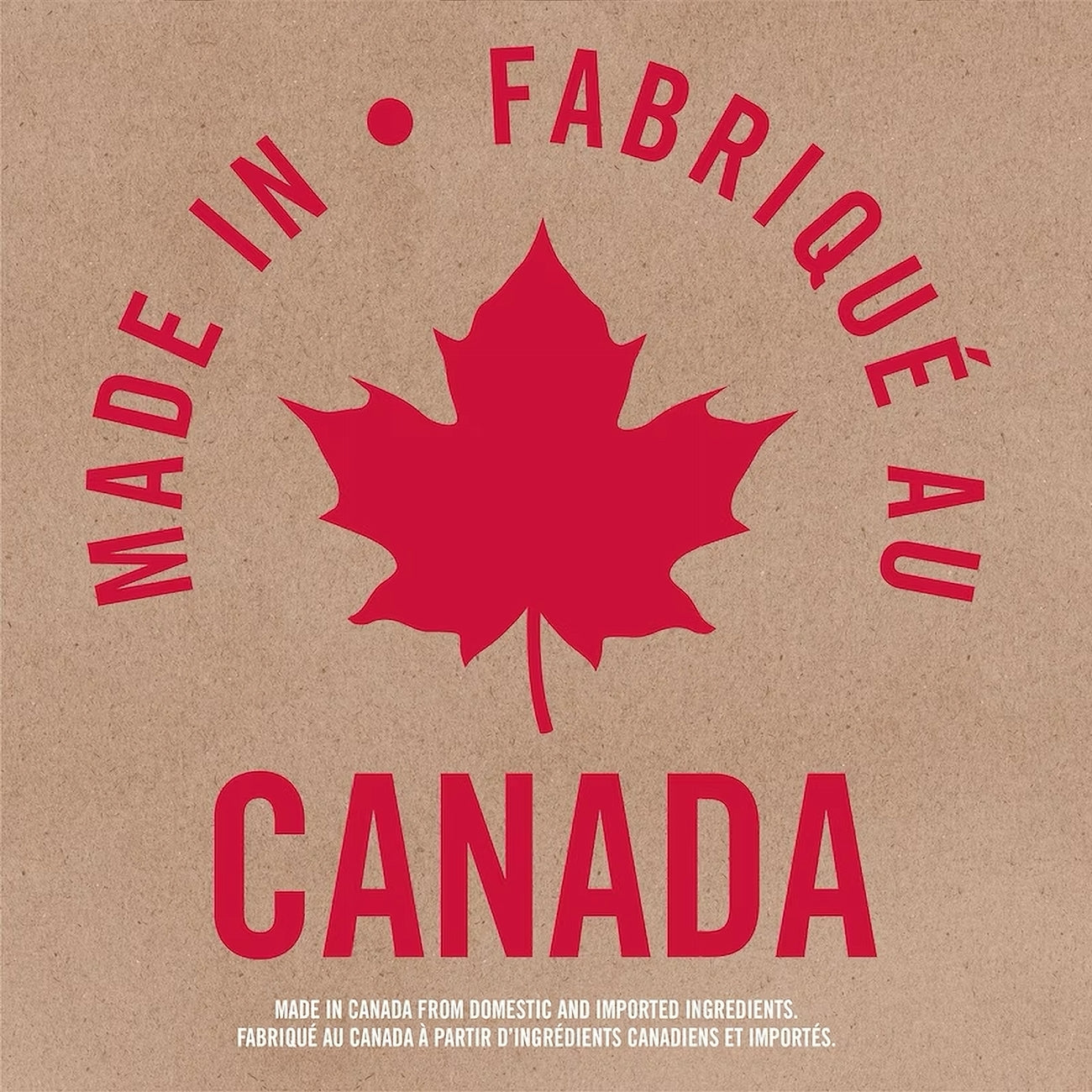 Red maple leaf and 'Made in Canada' text on a brown background