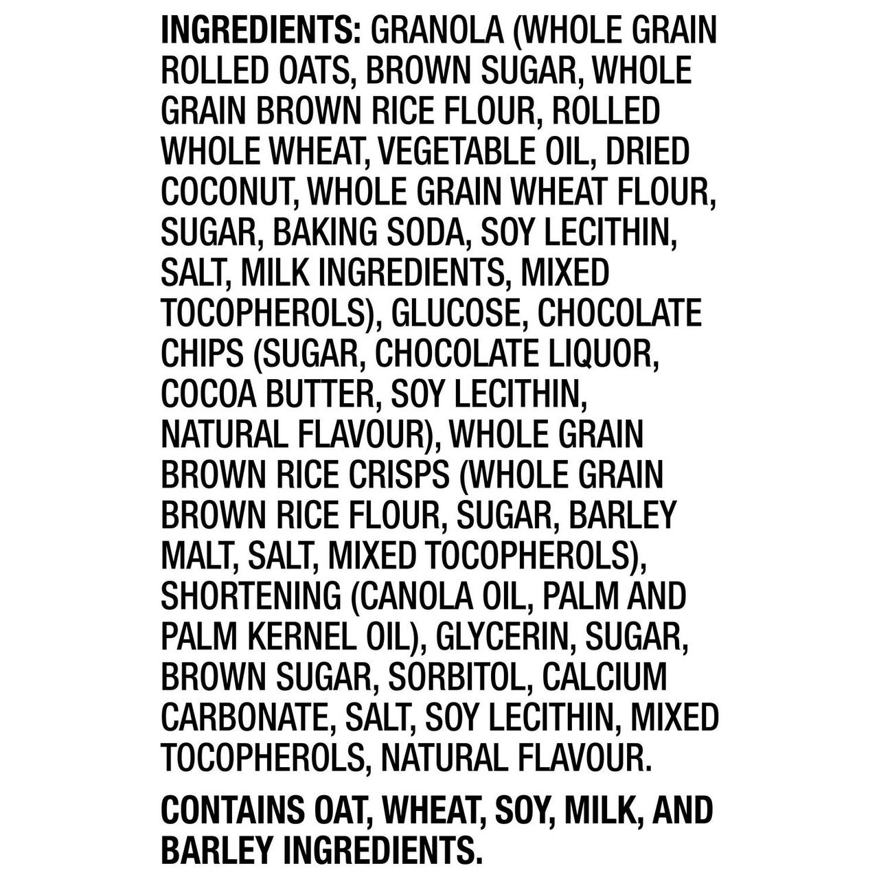 Quaker Chewy Chocolate Chip Granola Bars, 120g/4.2 oz, Box Ingredients