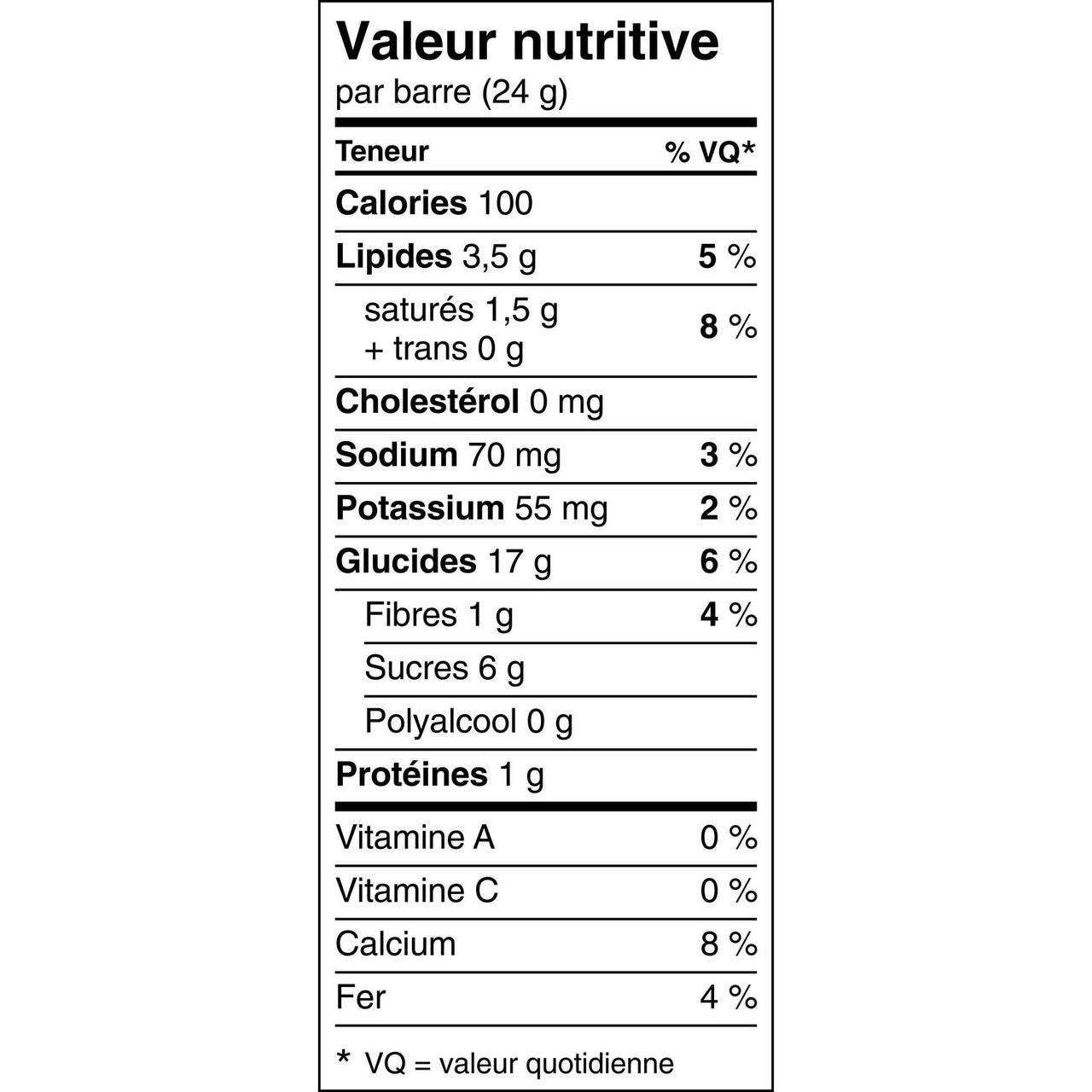 Quaker Chewy Chocolate Chip Granola Bars, 120g/4.2 oz, Box Nutrition Facts In French
