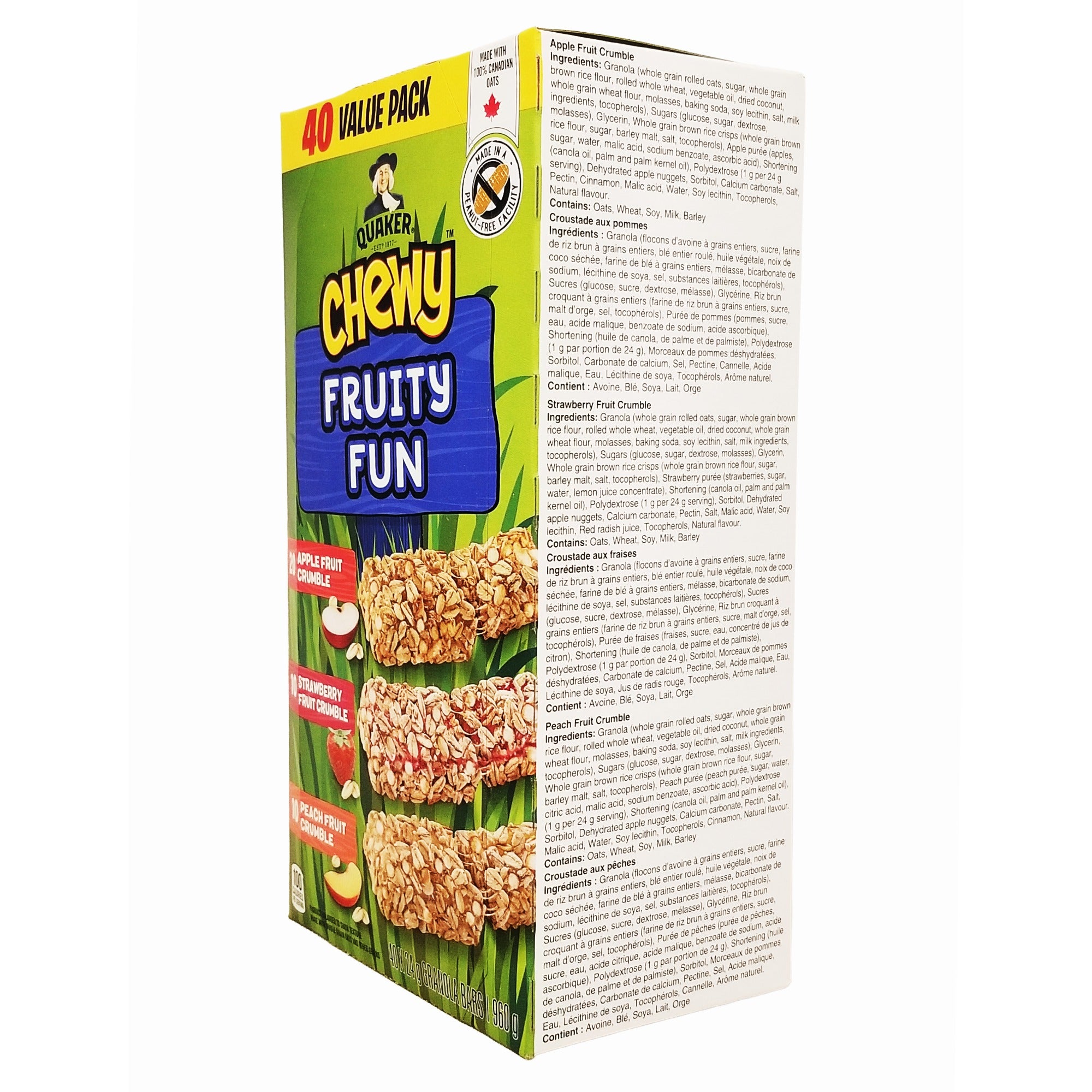 Quaker Chewy Fruity Fun Granola Bars, Apple, Strawberry, and Peach Fruit Crumble, 40 Bars, 960g/33.8 oz