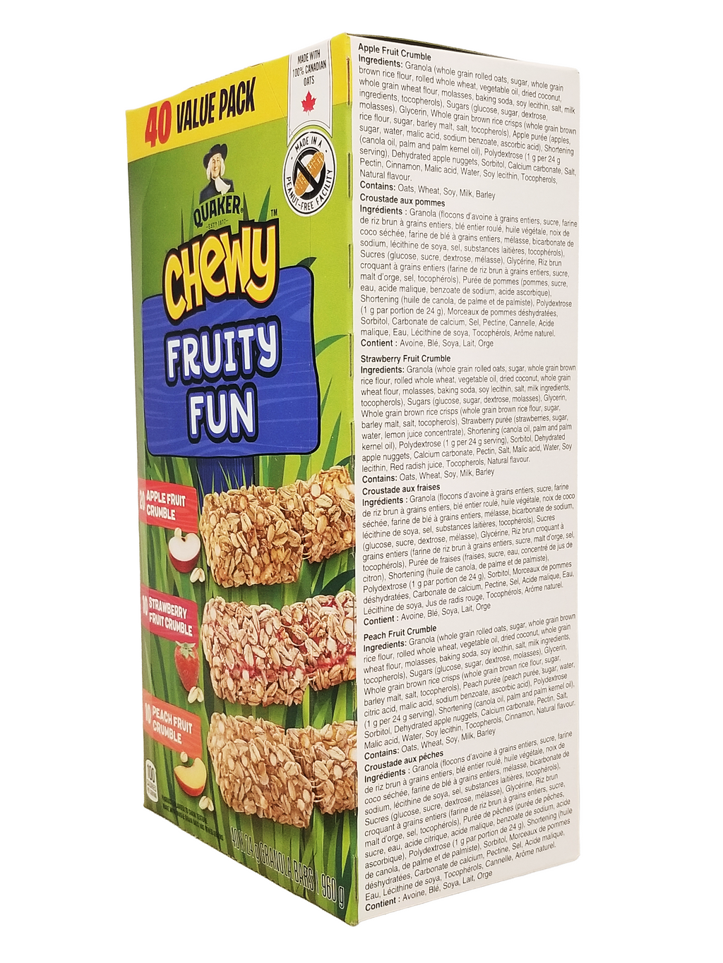 Box of Quaker Chewy Fruity Fun cereal bars with branding and product images.