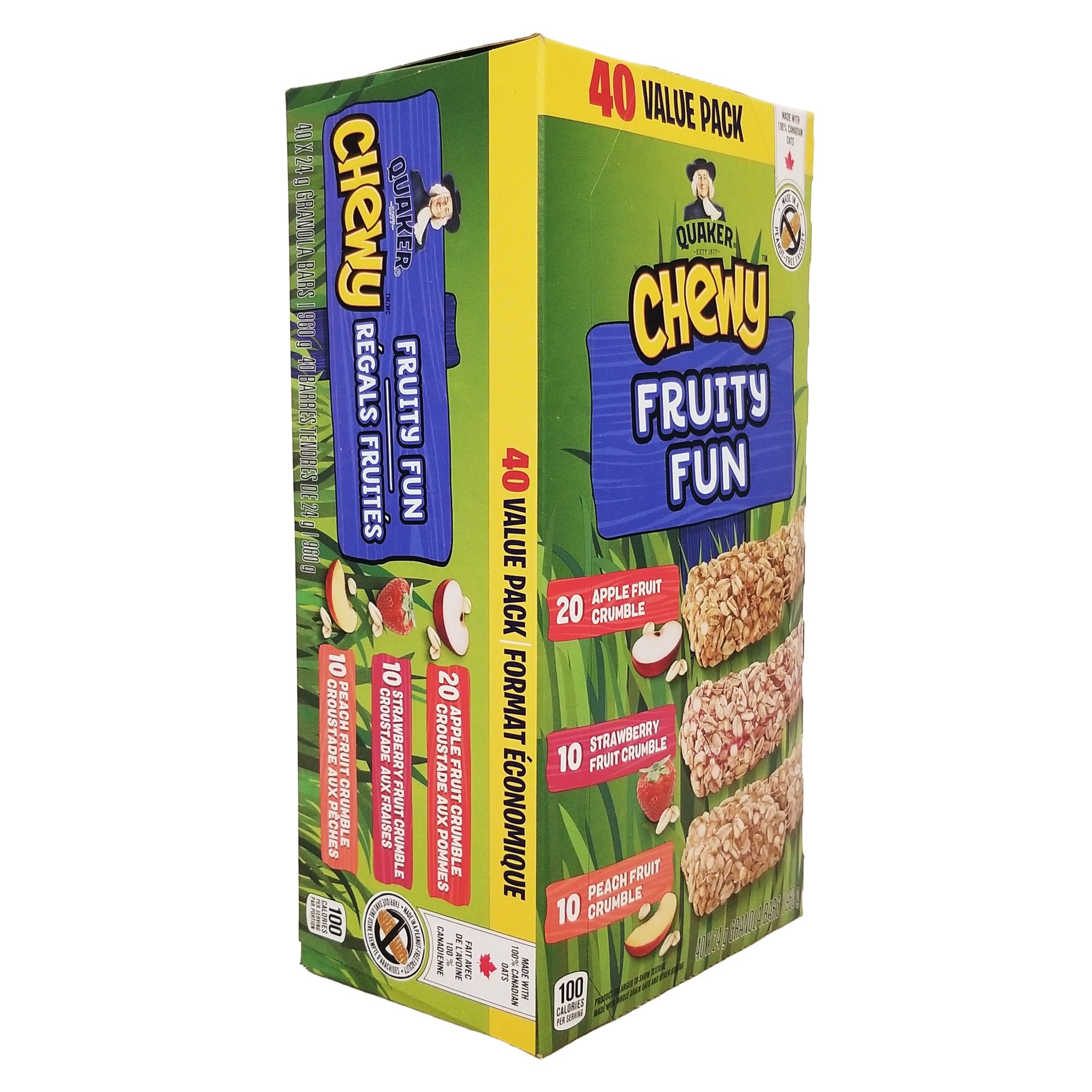 Quaker Chewy Fruity Fun Granola Bars, Apple, Strawberry, and Peach Fruit Crumble, 40 Bars, 960g/33.8 oz