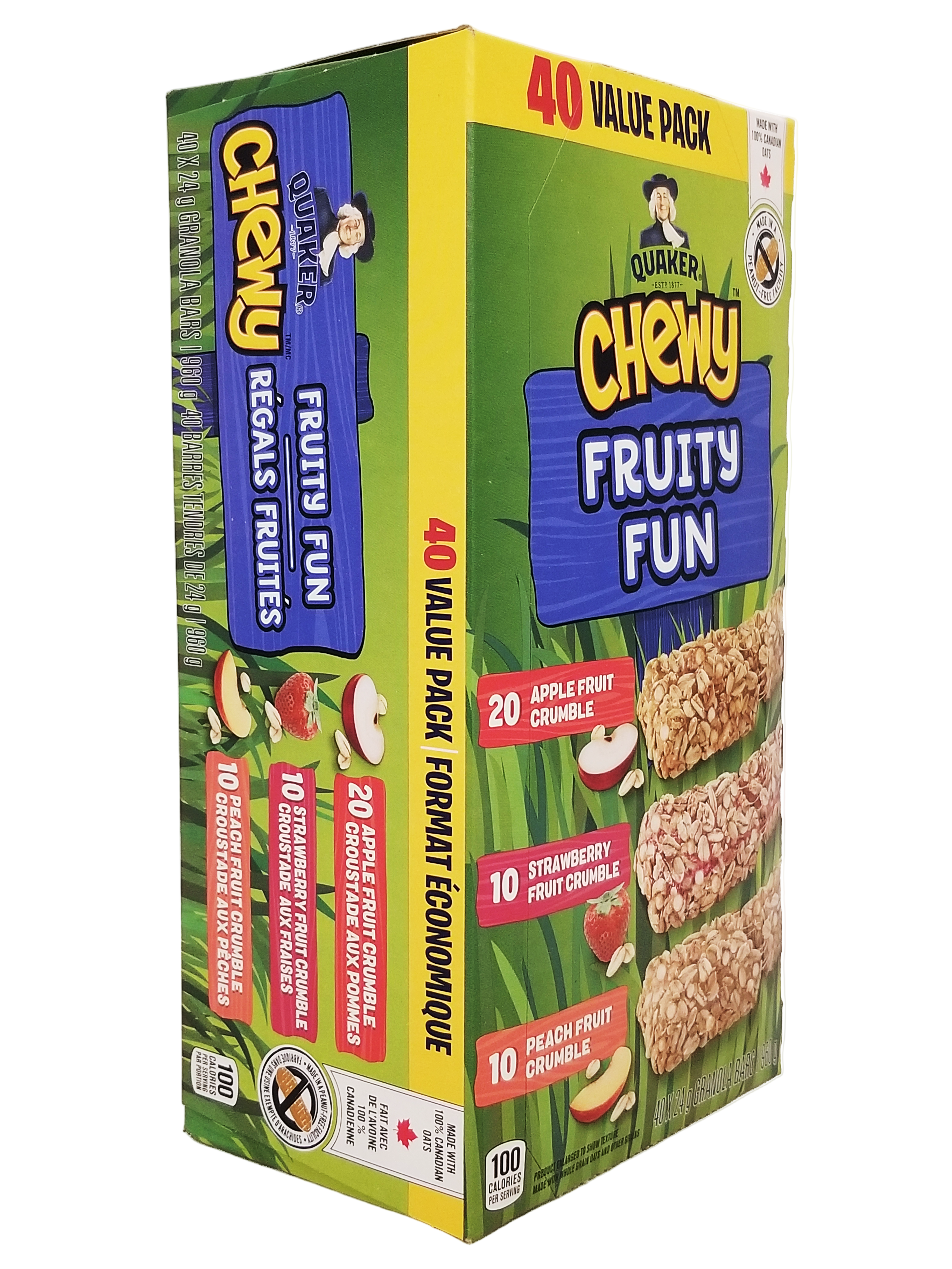 Box of Quaker Chewy Fruity Fun granola bars with colorful packaging.