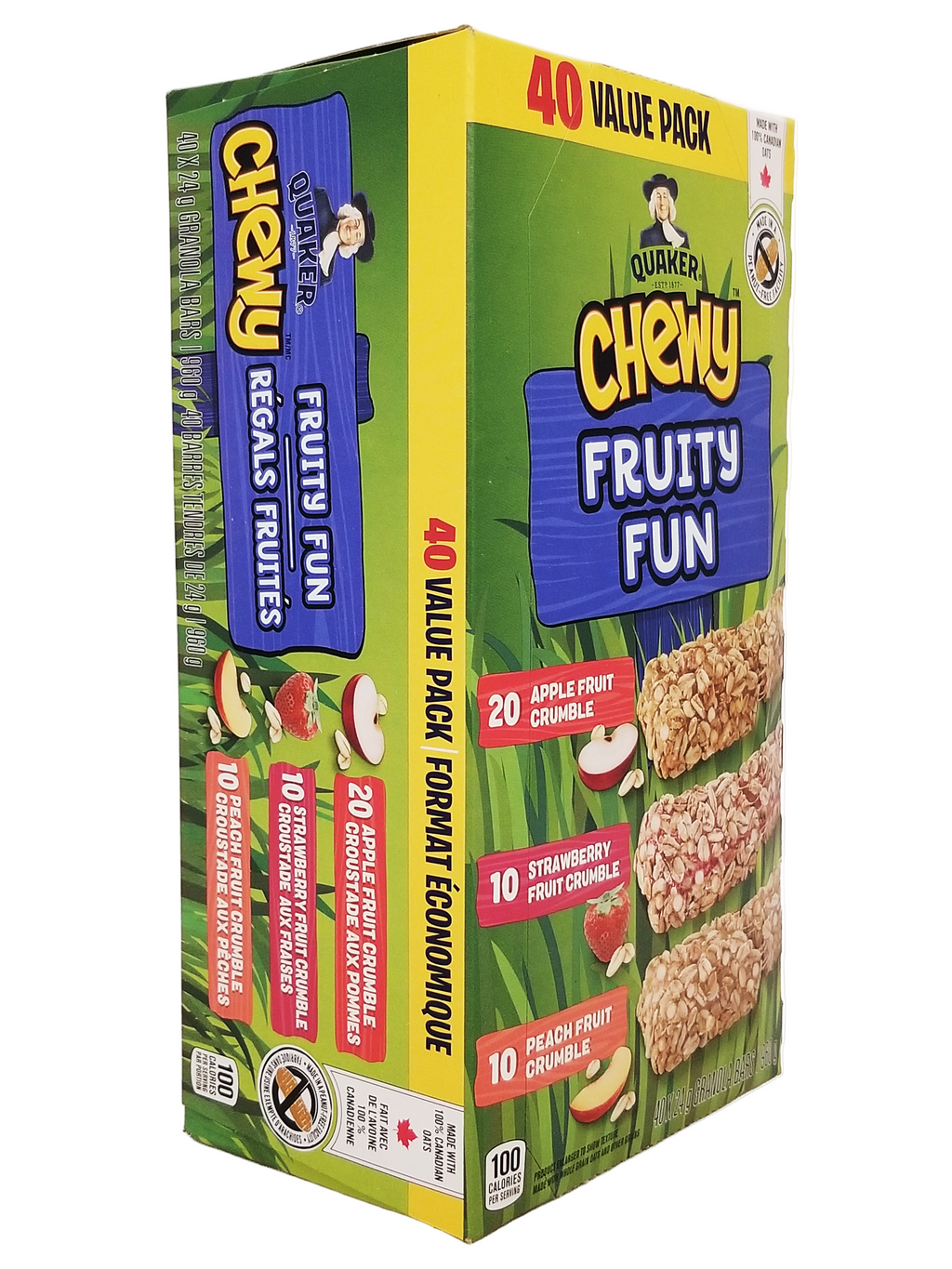Box of Quaker Chewy Fruity Fun granola bars with colorful packaging.