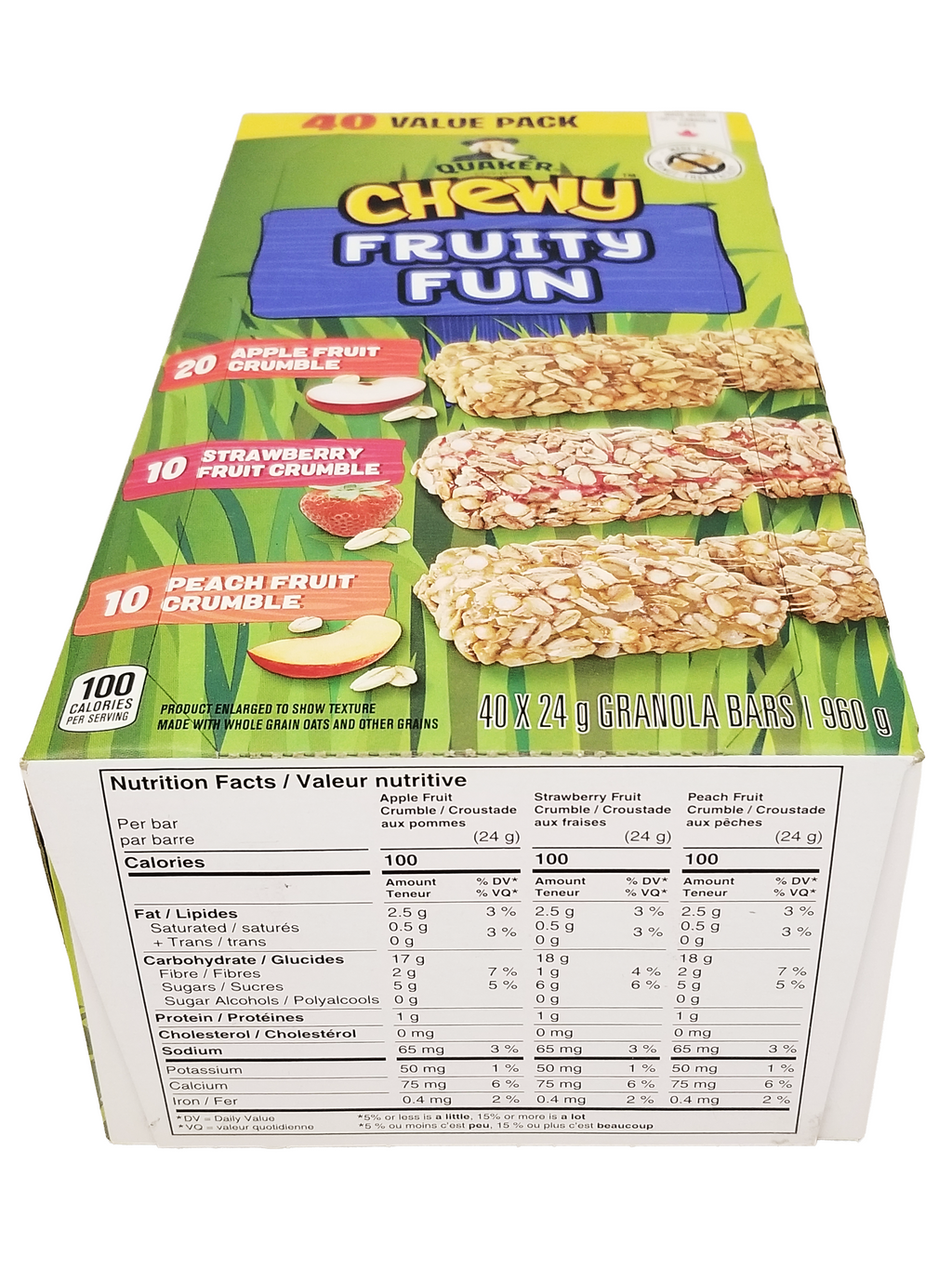 Box of Chewy Fruity Fun granola bars with nutritional information on a white background