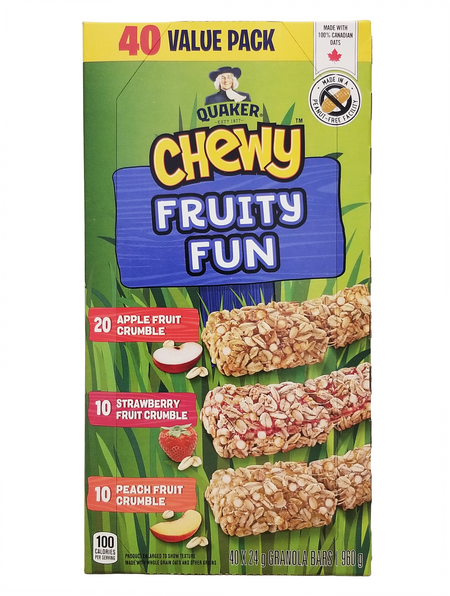 Quaker Chewy Fruity Fun granola bar package with colorful design and text.