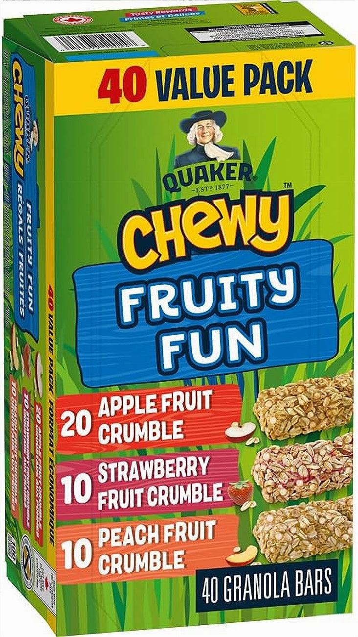 Quaker Chewy Fruity Fun granola bars packaging with colorful design and text.