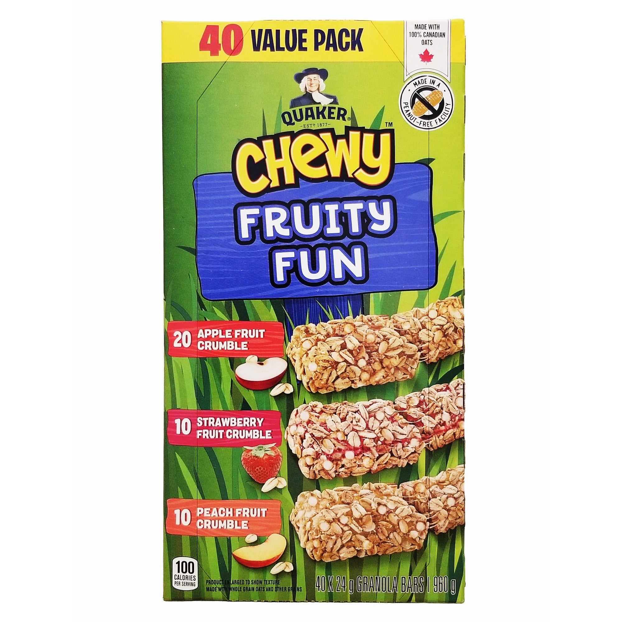 Quaker Chewy Fruity Fun Granola Bars, Apple, Strawberry, and Peach Fruit Crumble, 40 Bars, 960g/33.8 oz