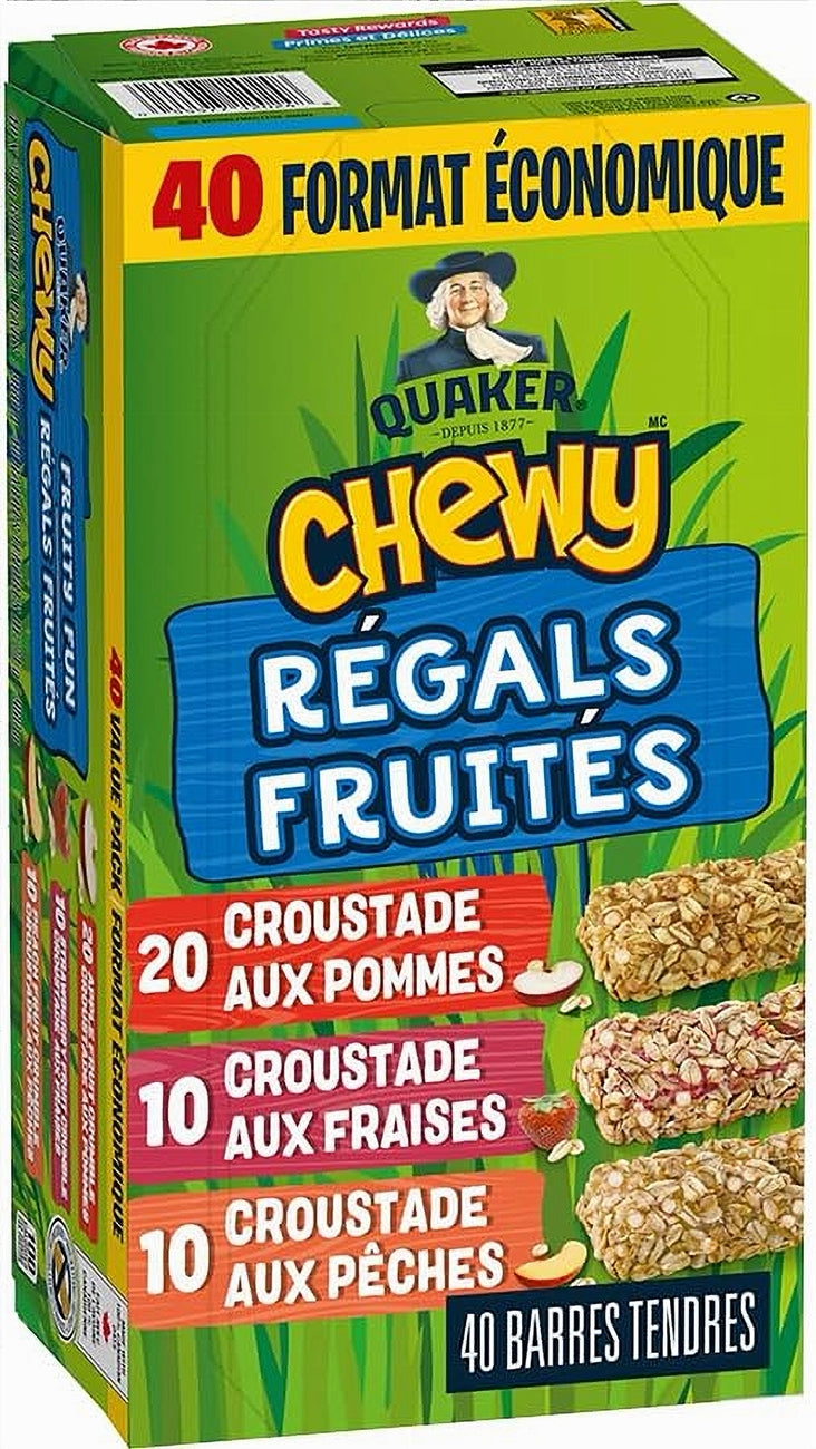 Quaker Chewy Fruit Flavored Bars packaging with colorful design and text.
