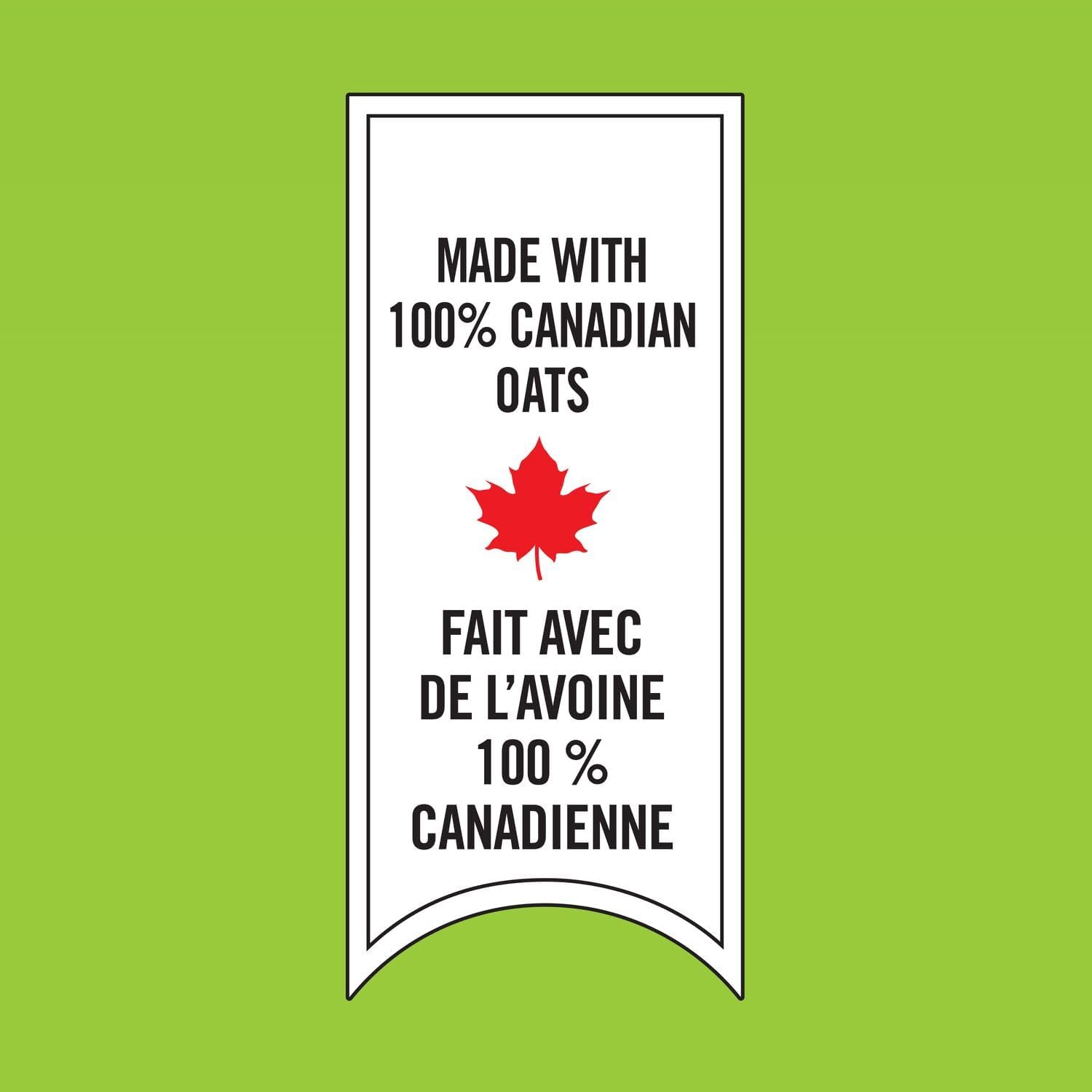 Label with 'Made with 100% Canadian Oats' text and a red maple leaf on a green background