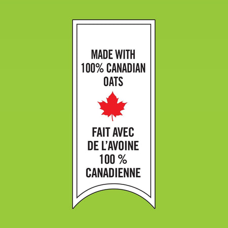 Label with 'Made with 100% Canadian Oats' text and a red maple leaf on a green background