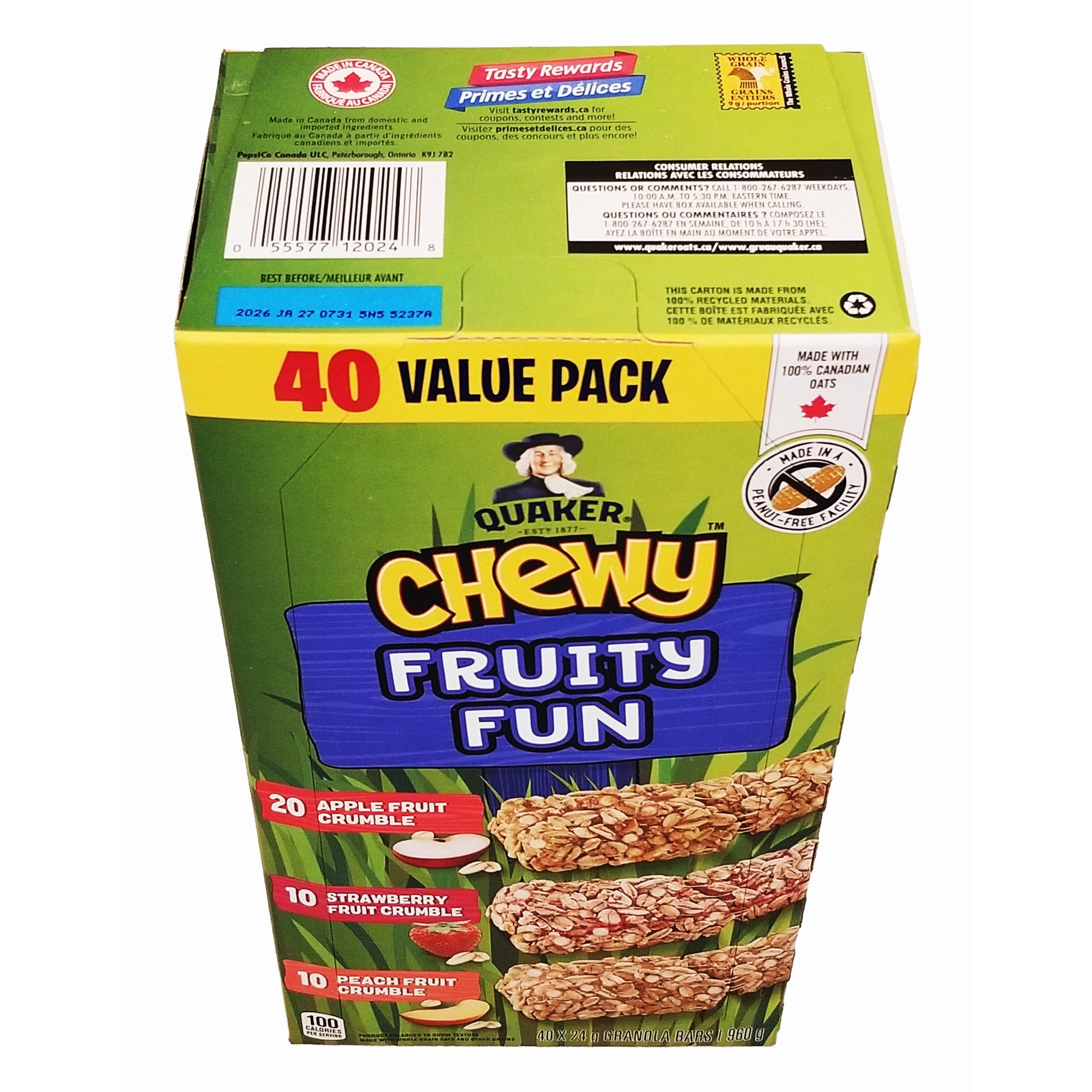 Quaker Chewy Fruity Fun Granola Bars, Apple, Strawberry, and Peach Fruit Crumble, 40 Bars, 960g/33.8 oz