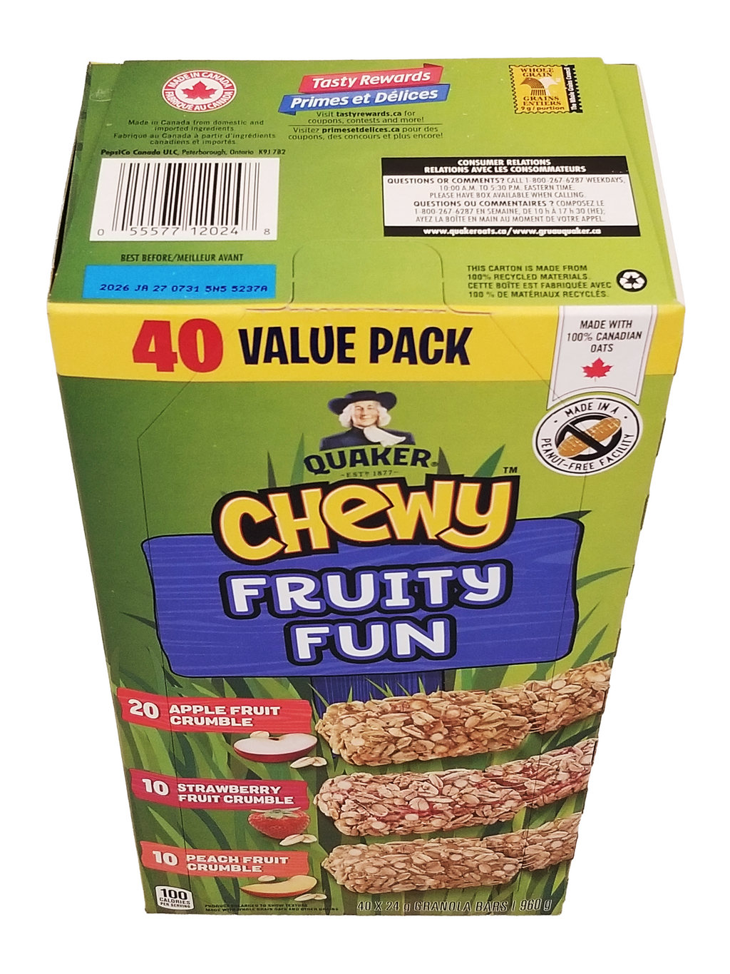 Box of Quaker Chewy Fruity Fun granola bars with green and yellow design