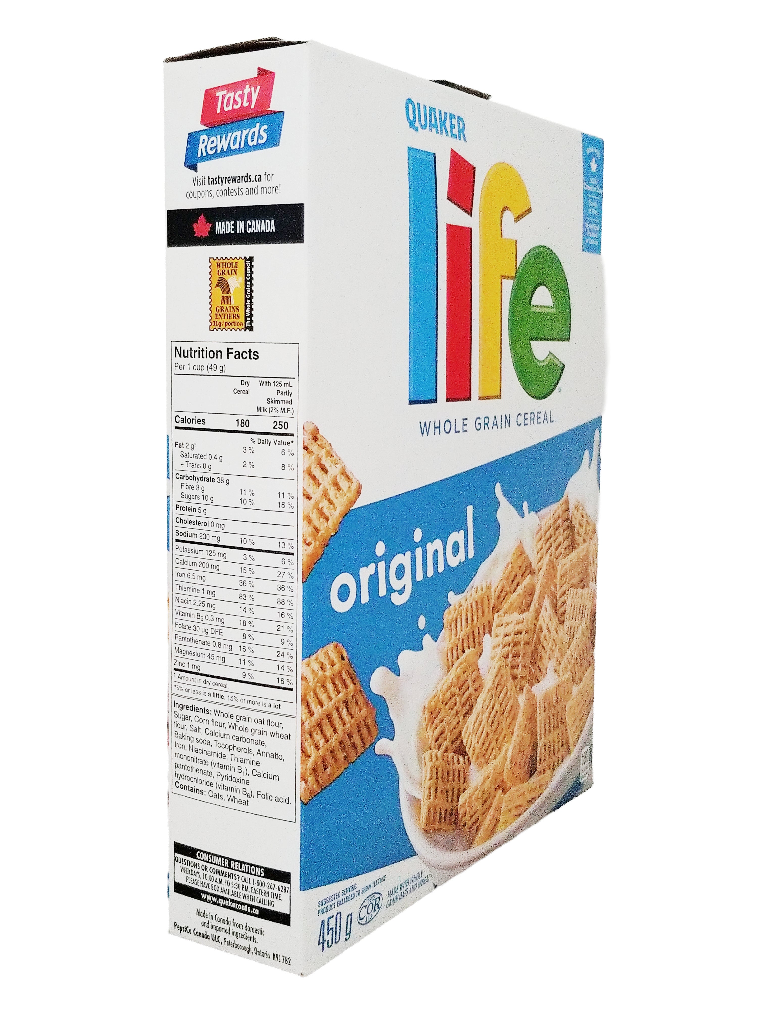 Box of Quaker Life cereal with colorful branding on a white background