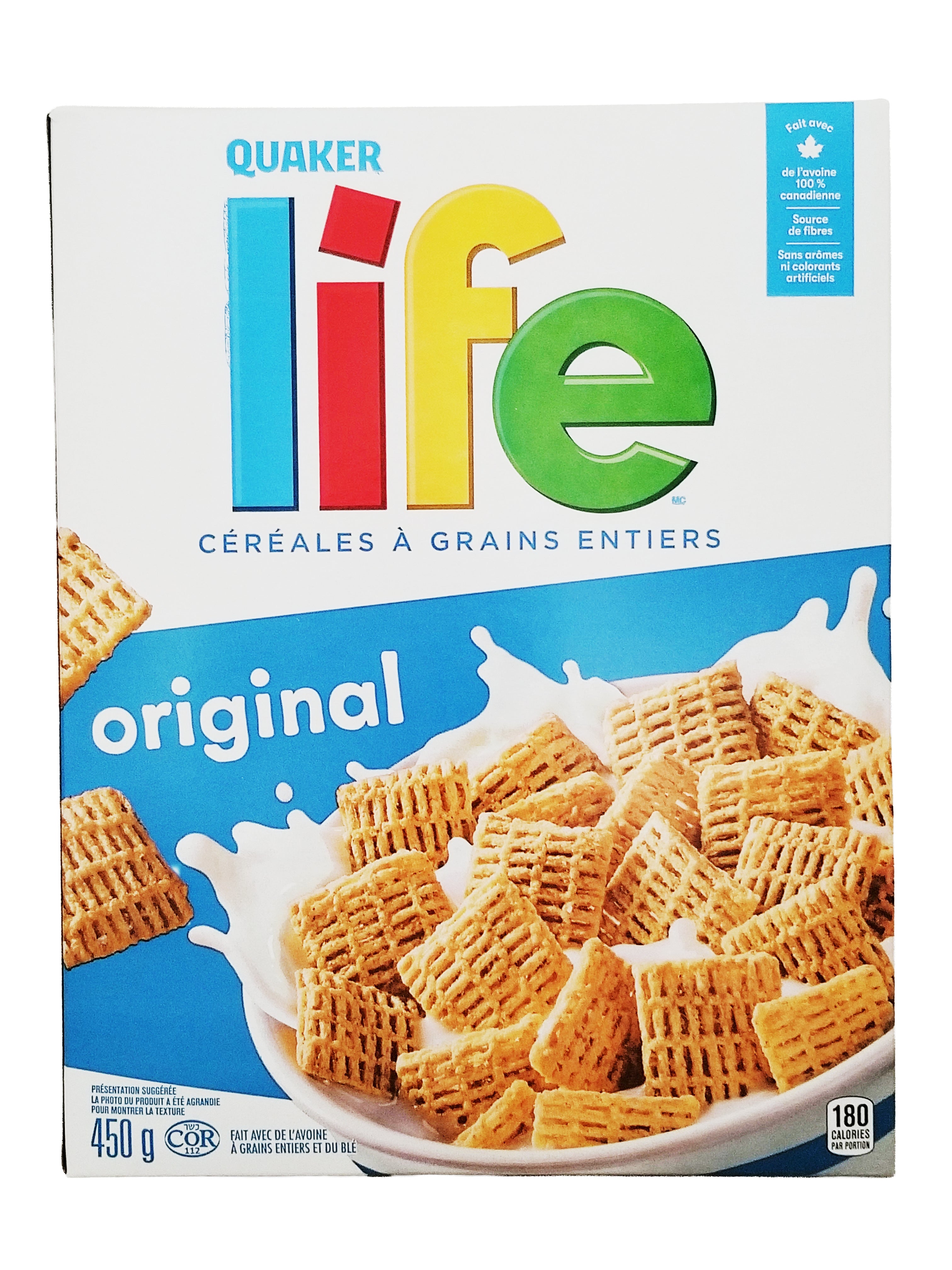 Quaker Life cereal box with colorful logo and image of cereal on a white background
