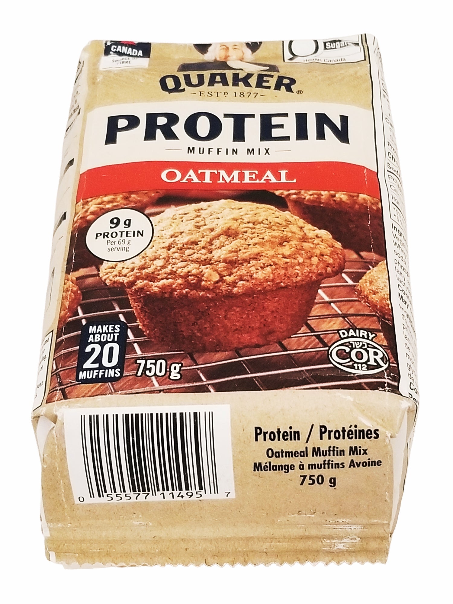 Quaker Protein Oatmeal Muffin Mix, packaging on a white background