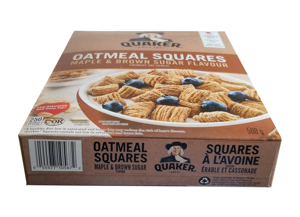 Quaker, Oatmeal Squares, Maple & Brown Sugar Flavor, Crunchy Oat Cereal, 500g/17.6oz. Box