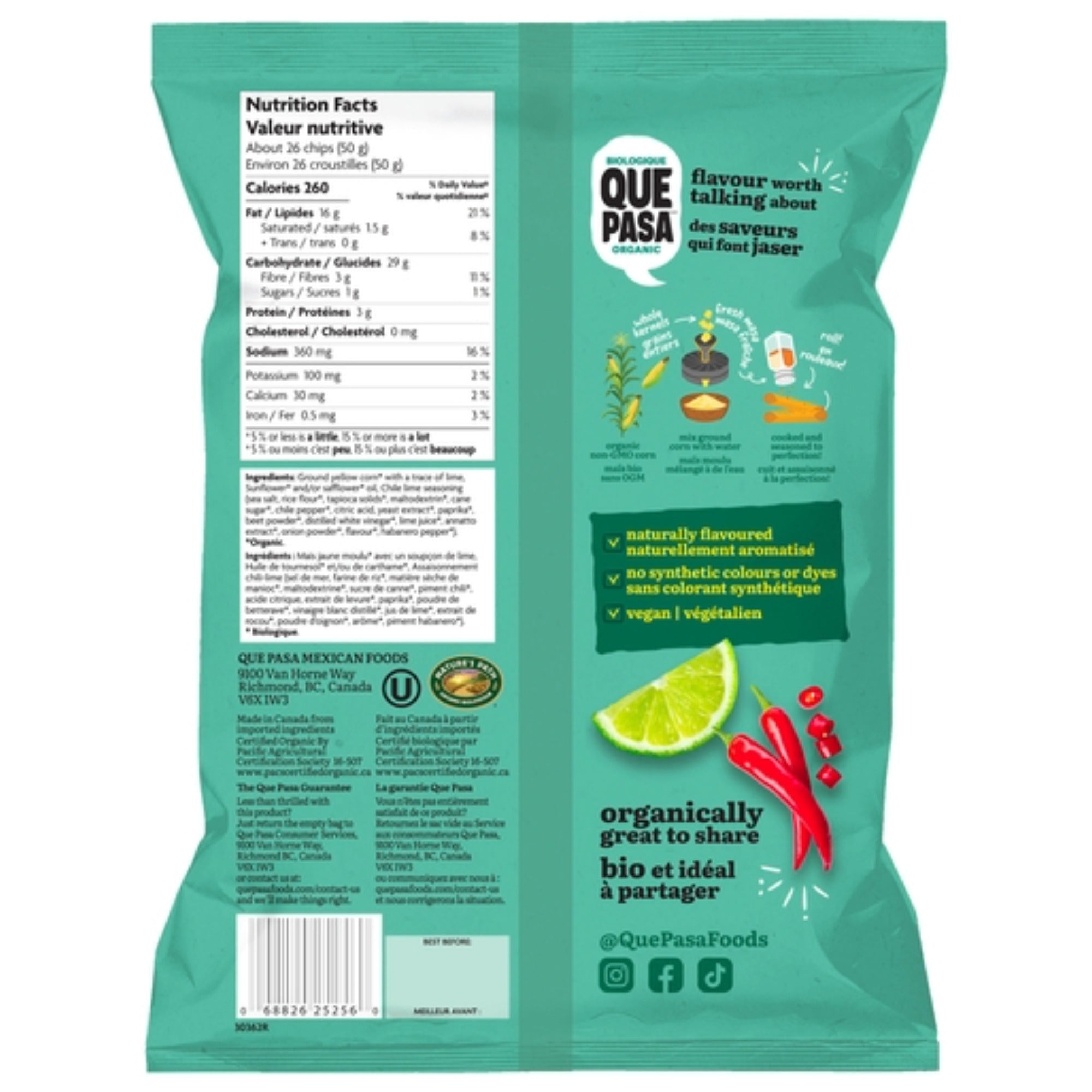 Back of Que Pasa Organic Chile & Lime Rolled Tortilla Chips bag showing nutrition, ingredients, and barcode.