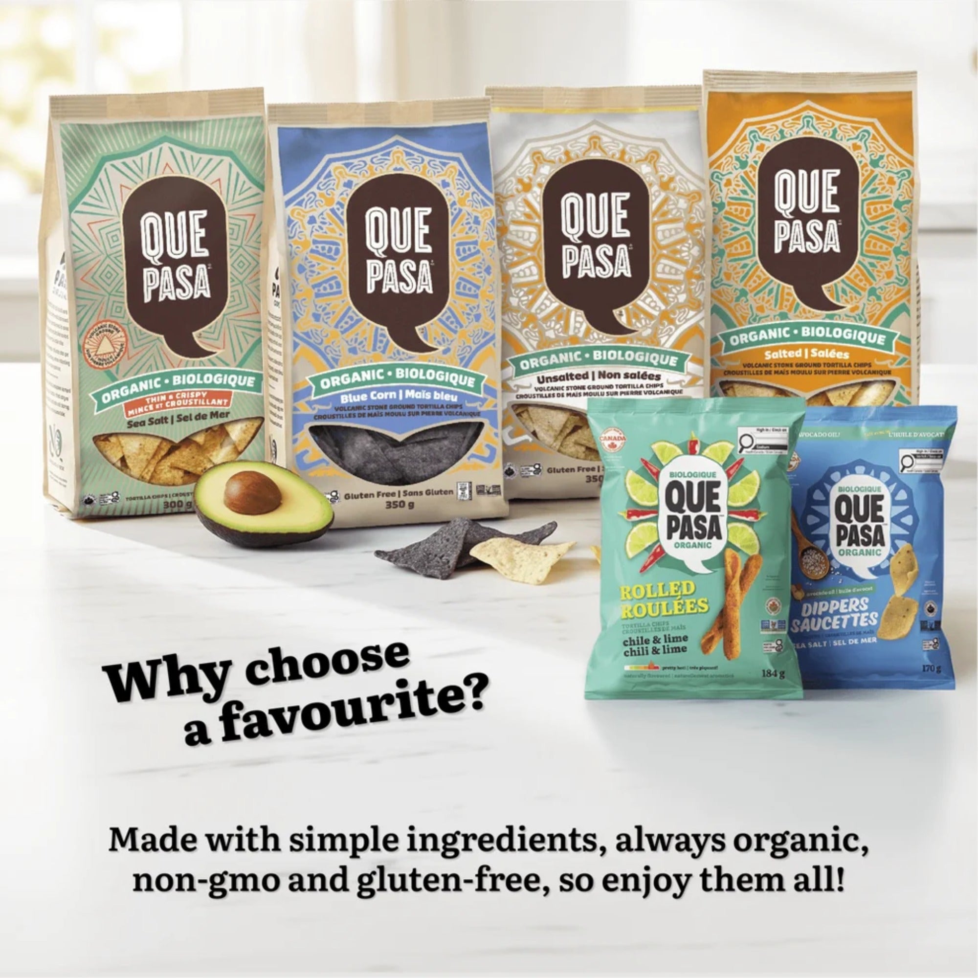Que Pasa organic tortilla chip range, including Chile & Lime Rolled chips, with avocado and loose tortilla chips.