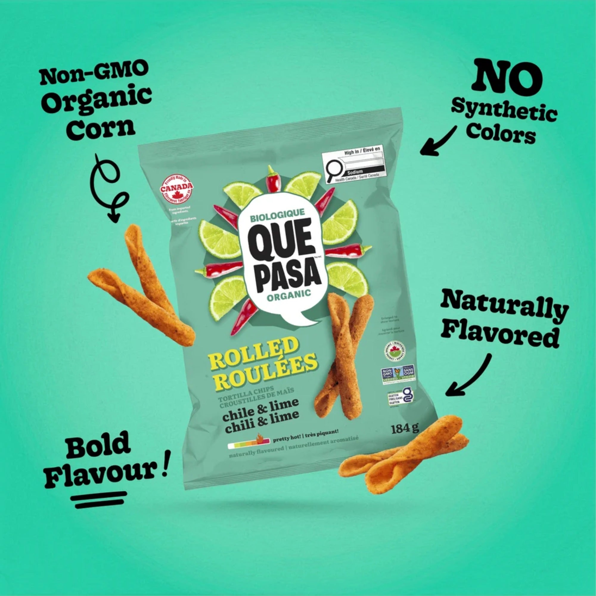 Que Pasa Chile & Lime chip bag with organic corn, no synthetic colors, and naturally flavored callouts.