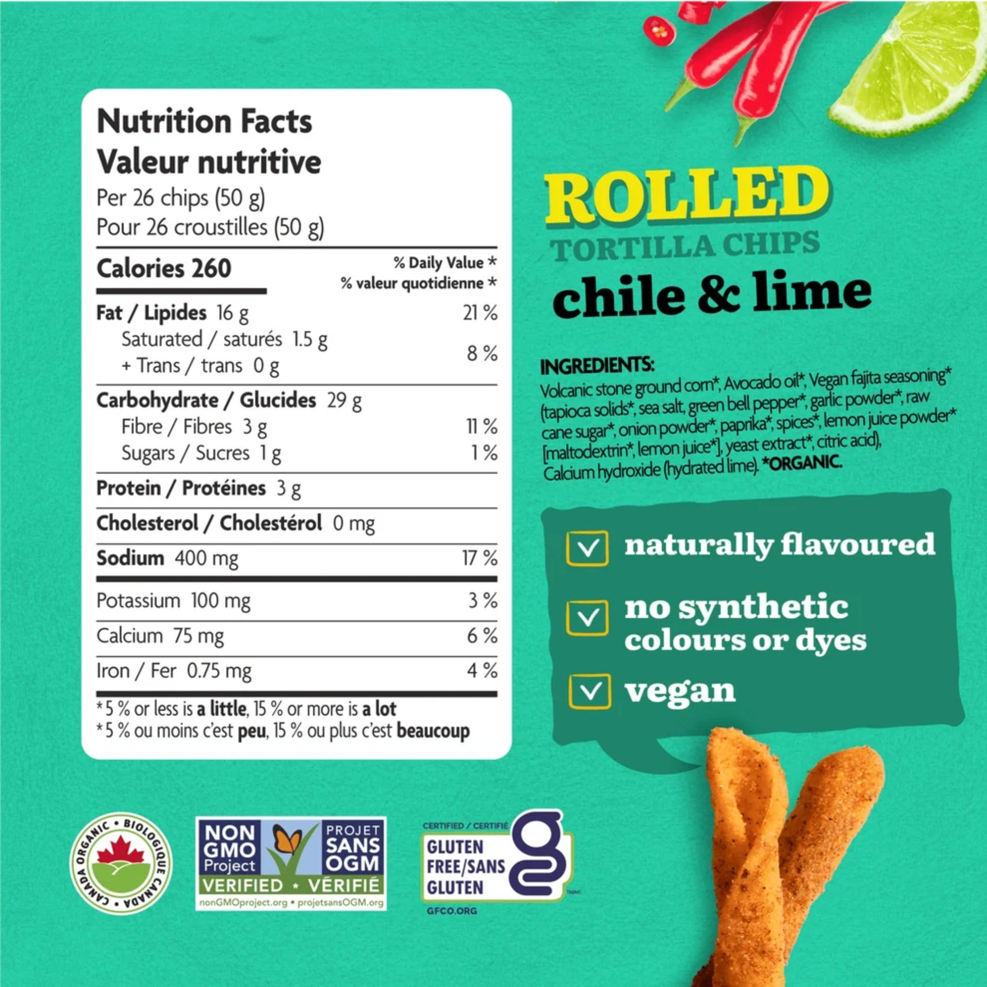 Que Pasa Chile & Lime Rolled Tortilla Chips nutrition and ingredients graphic with organic and gluten-free logos.