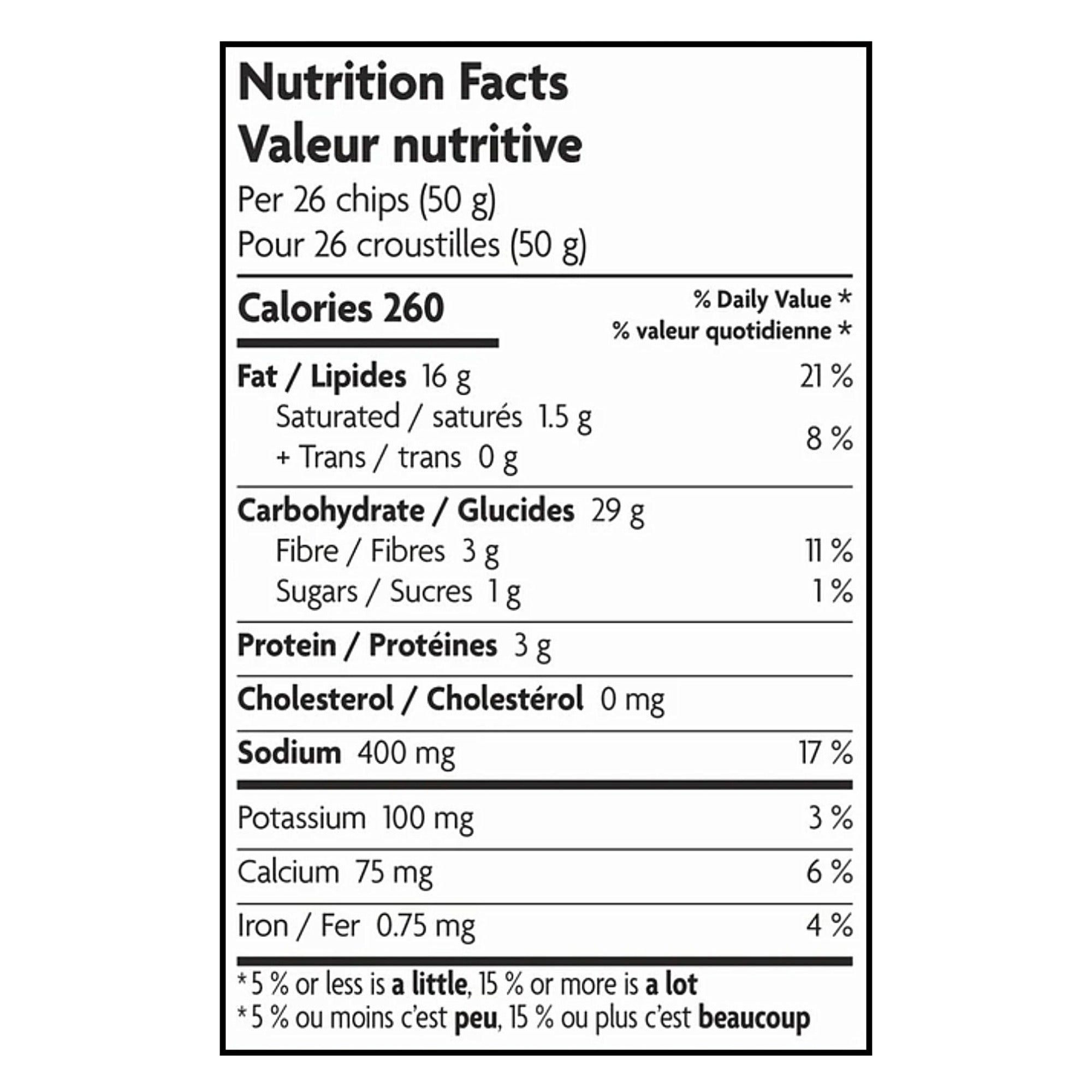 Que Pasa Chile & Lime Rolled Tortilla Chips nutrition facts showing 260 calories per 50 g serving.