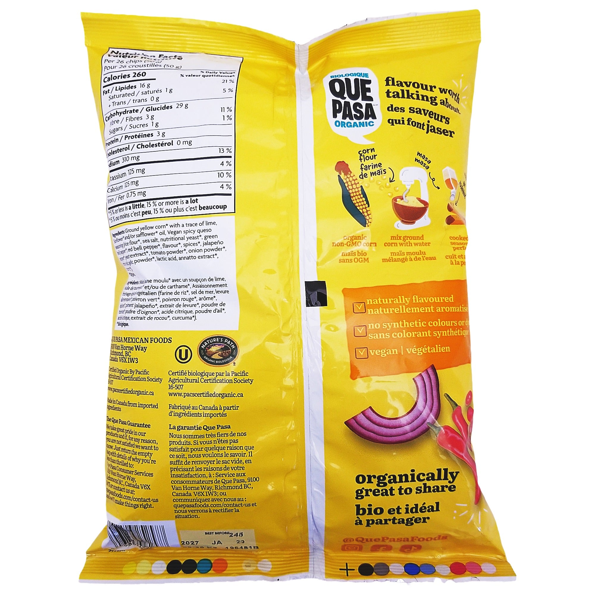 Back of Que Pasa Organic Spicy Queso chip bag showing nutrition facts, ingredients, and product information.