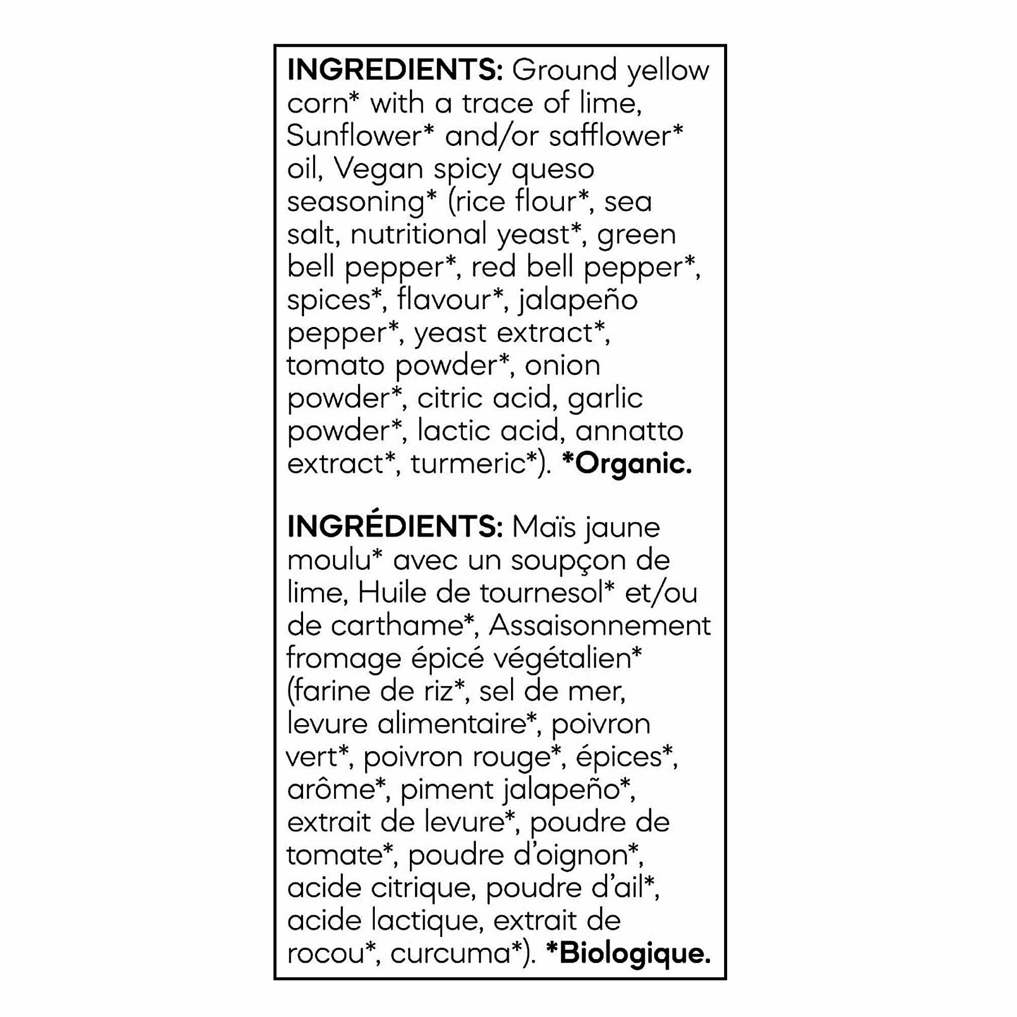 English and French ingredient list for Que Pasa Organic Spicy Queso Rolled Tortilla Chips.