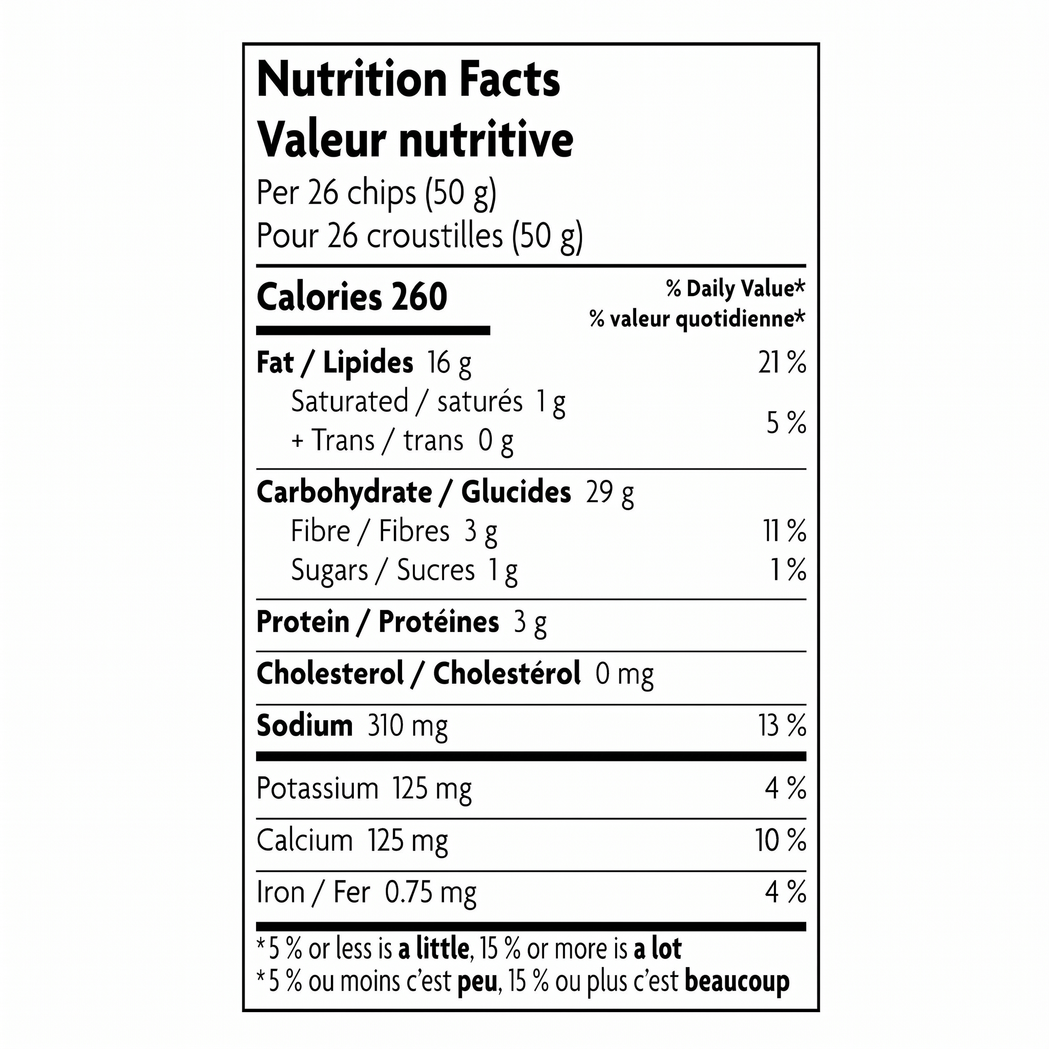 Que Pasa Organic Spicy Queso Rolled Tortilla Chips nutrition facts showing 260 calories per 26 chips (50 g).