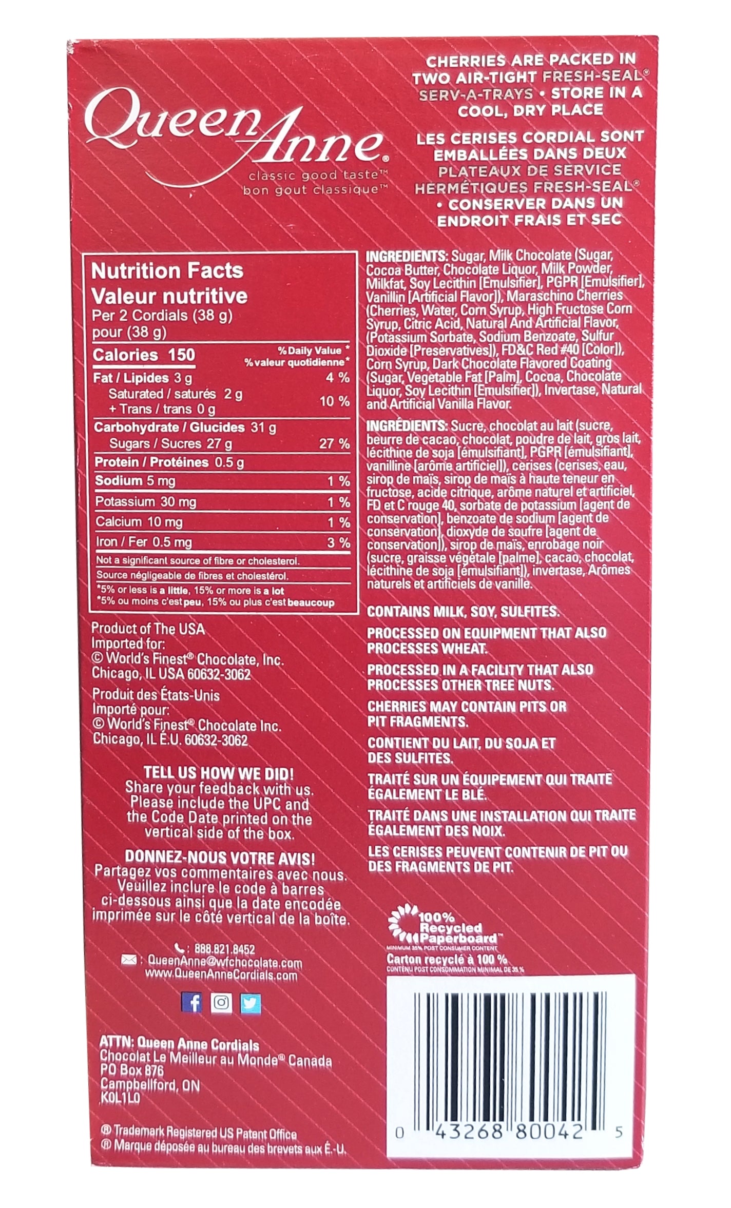 Queen Anne Milk Chocolate Cordial Cherries, 10 pieces, 187g/6.6 oz