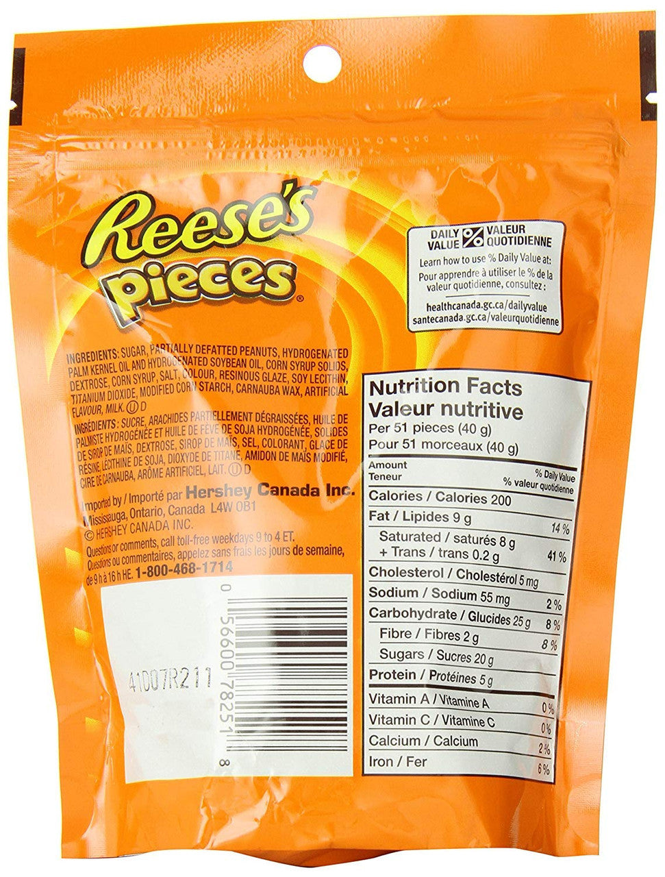 REESE PIECES Chocolate Peanut Butter Candy, 230g/ 7.2 oz., Bag back Side