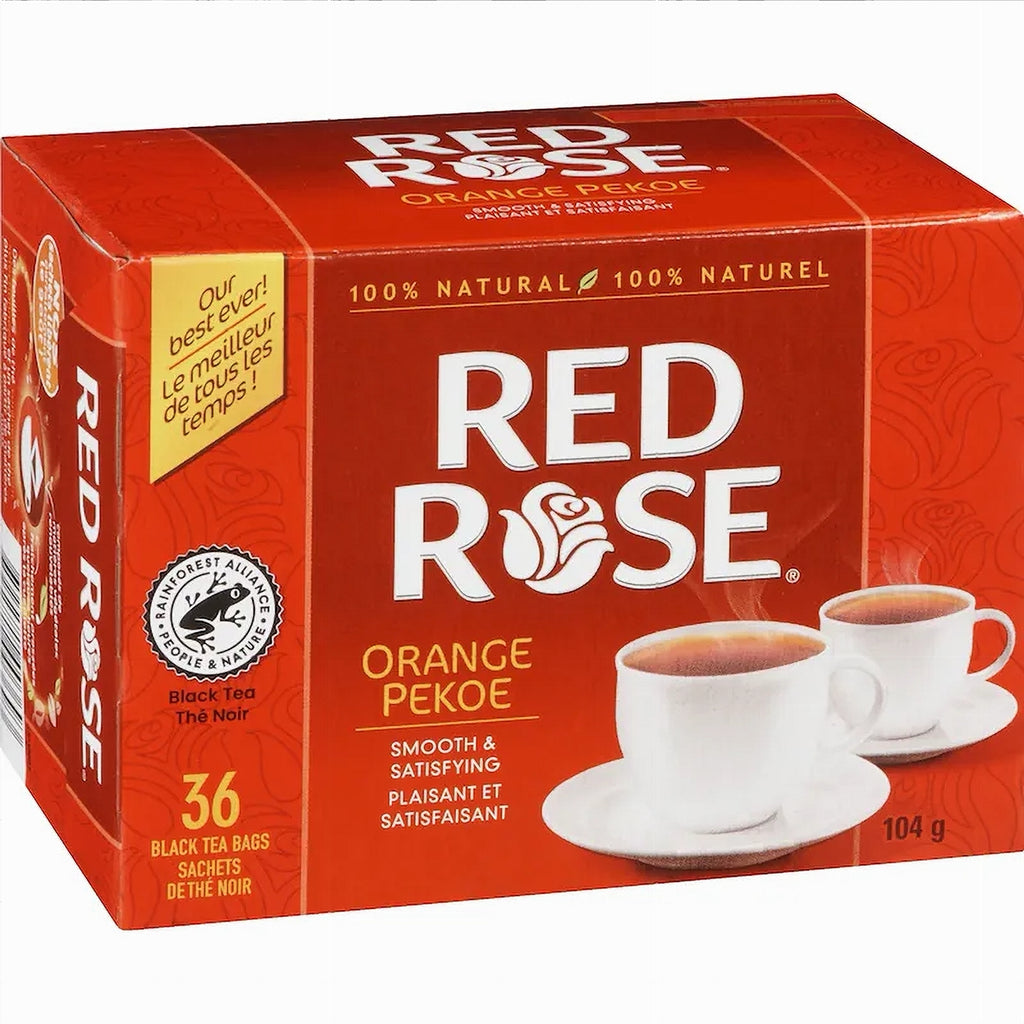 Red Rose Orange Pekoe tea box with two cups on a white background