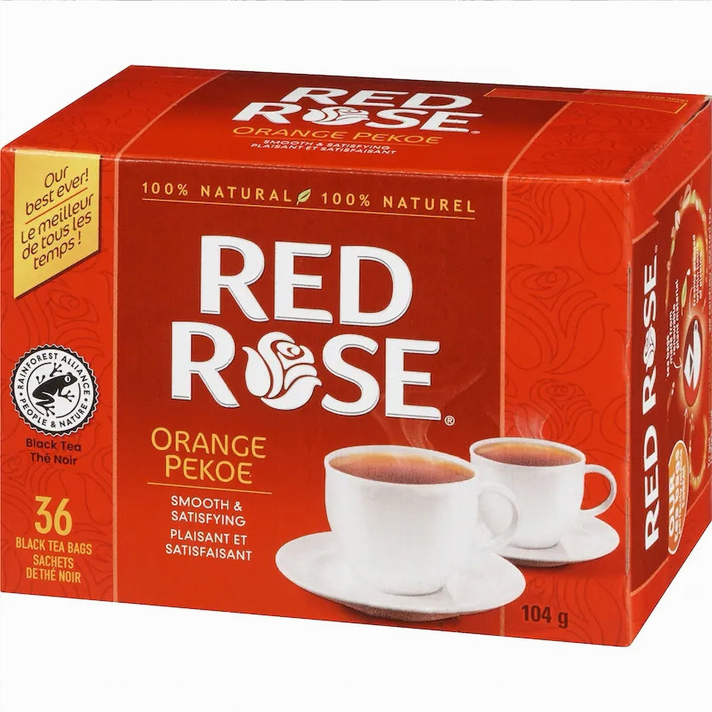 Red Rose Orange Pekoe tea box with two cups on a white background
