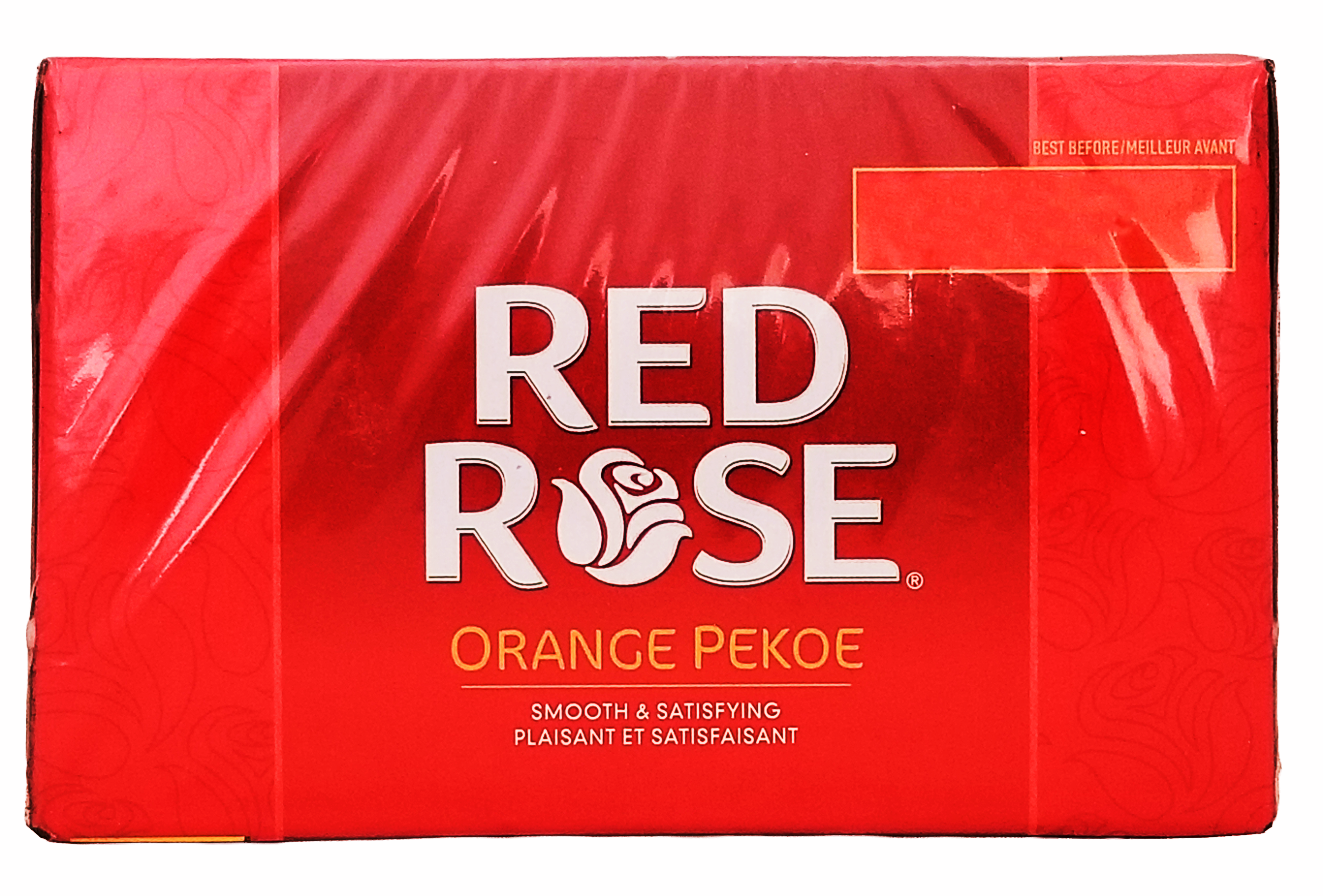Red Rose Orange Pekoe tea box with red background
