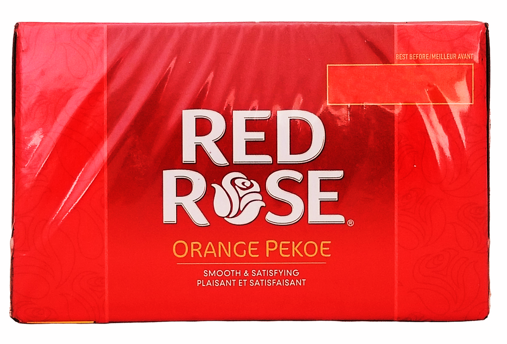 Red Rose Orange Pekoe tea box with red background