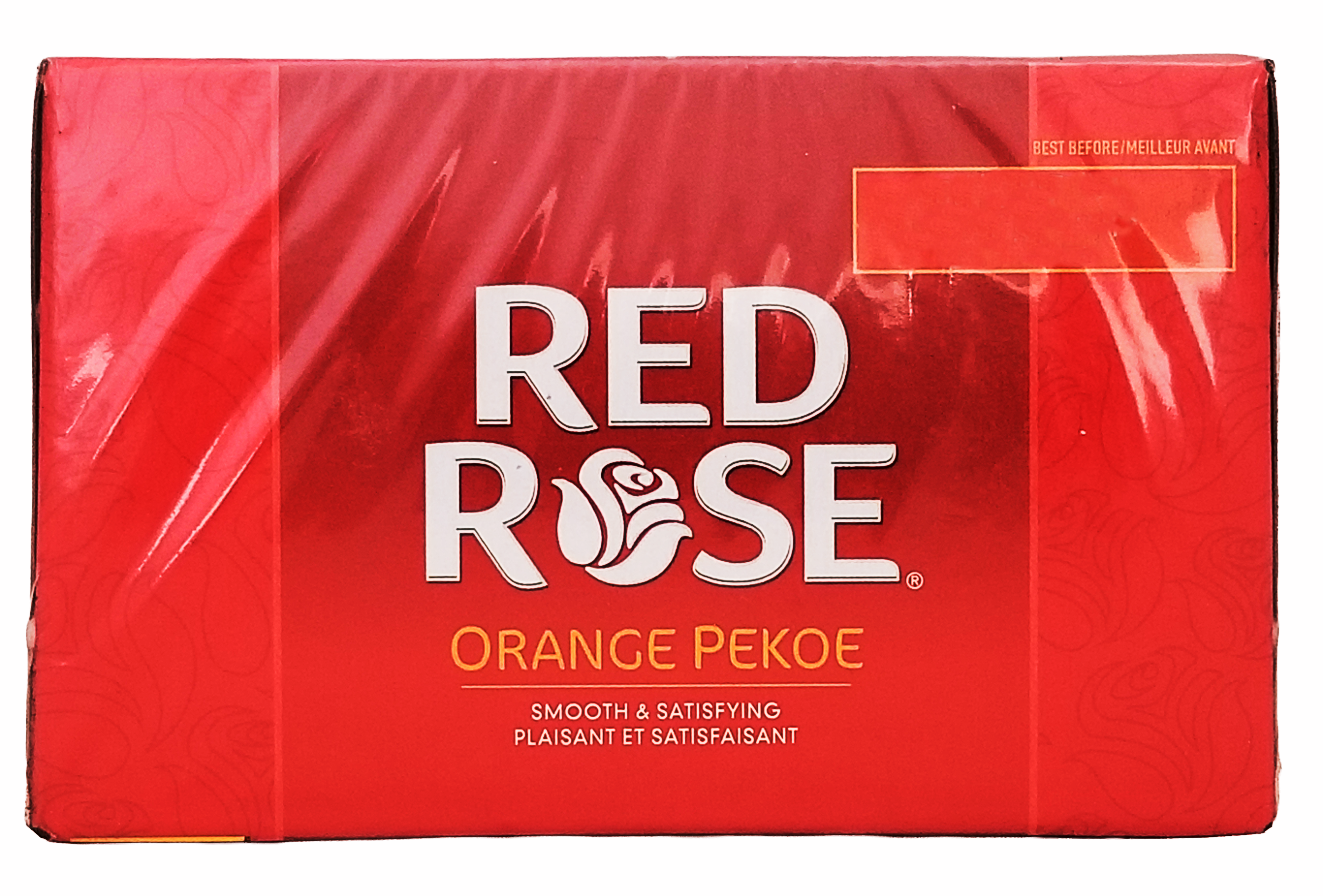 Red Rose Orange Pekoe tea box with red background