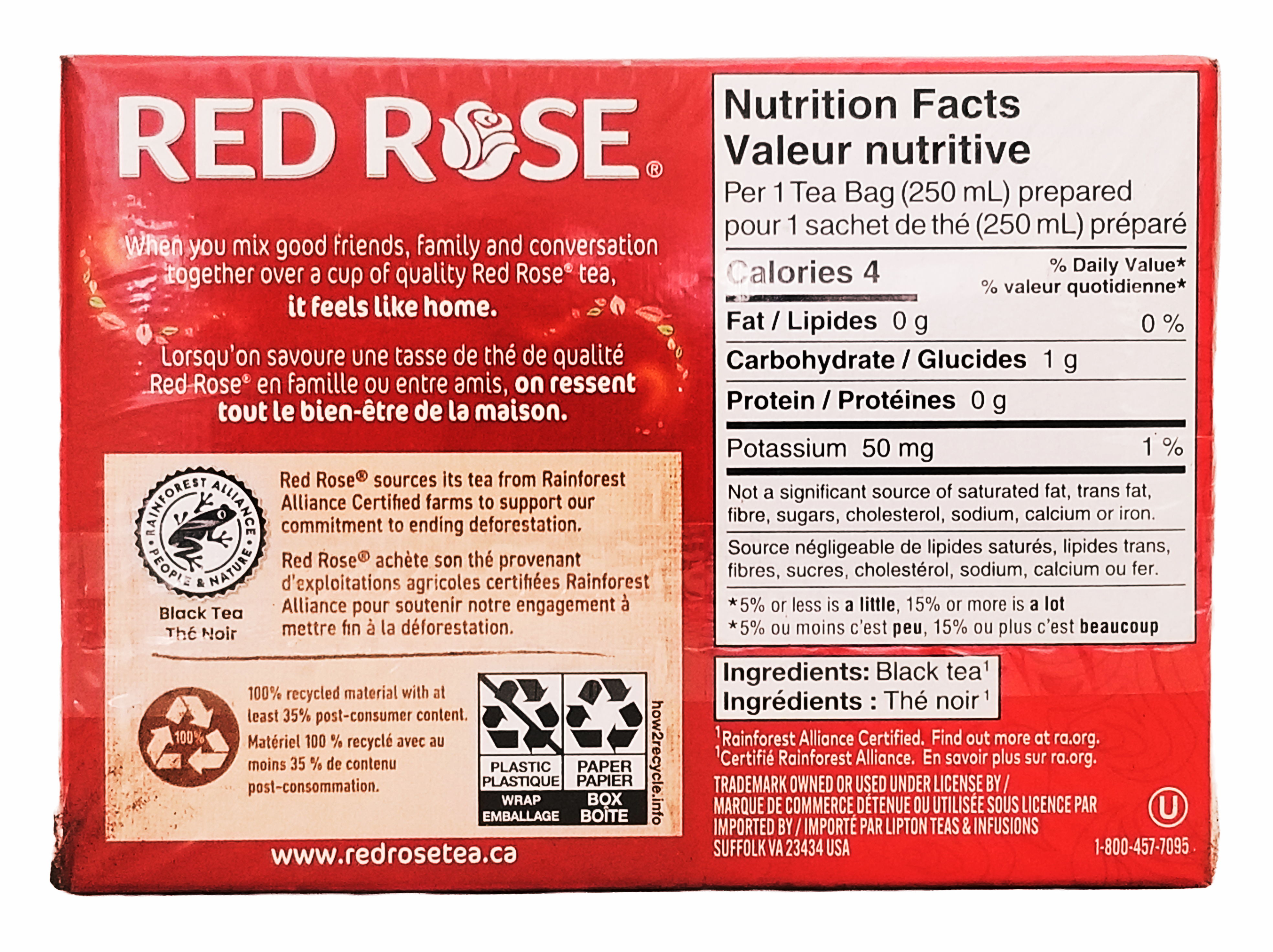 Red Rose tea package with nutrition facts and ingredients listed