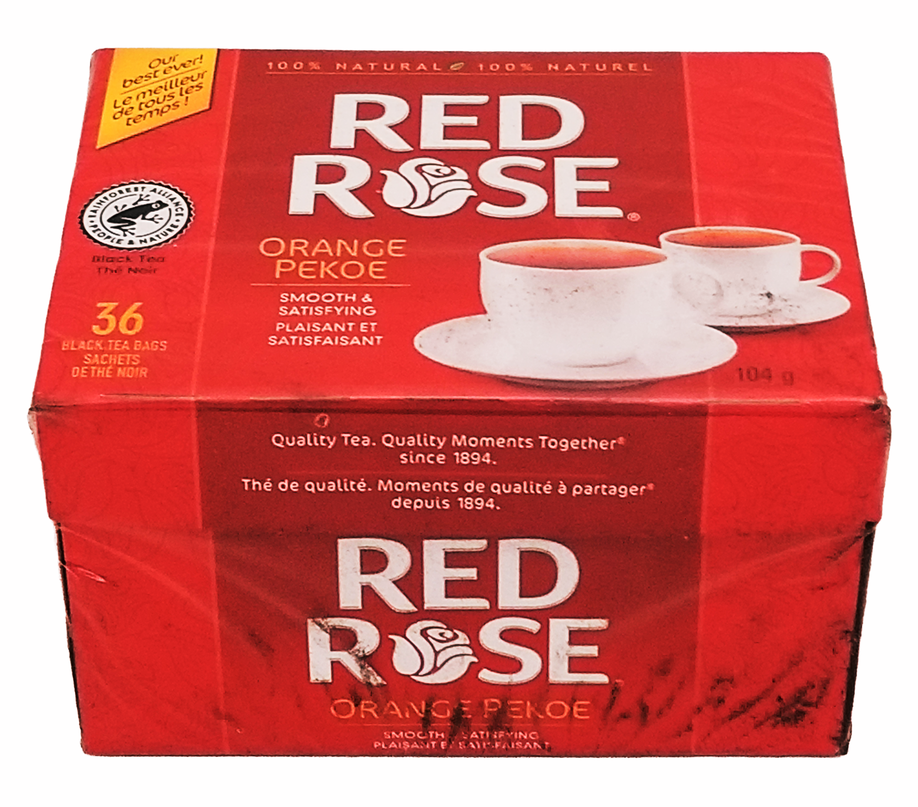 Red Rose Orange Pekoe tea box with two cups on a white background