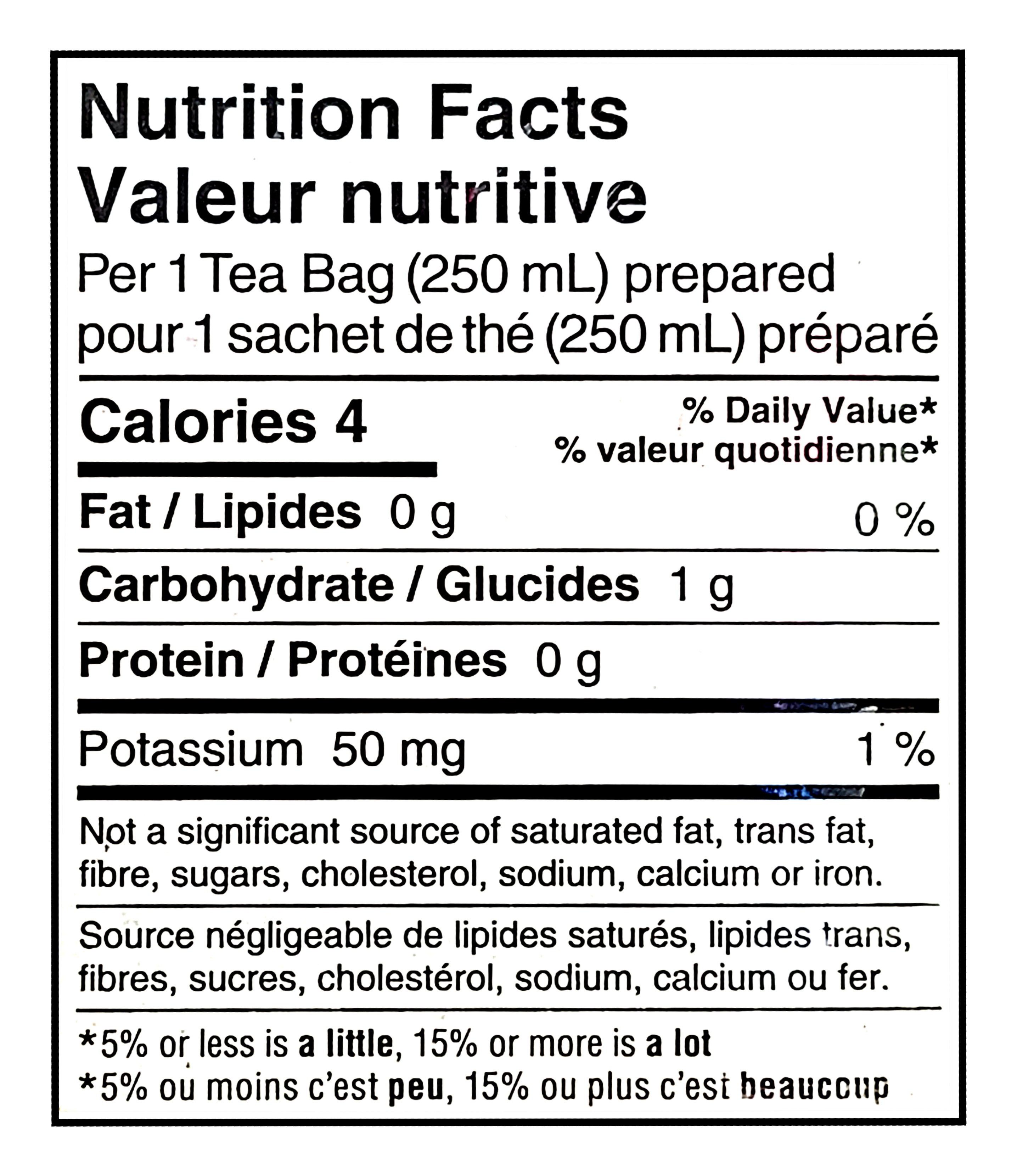Nutrition facts label for Red Rose Orange Pekoe Tea