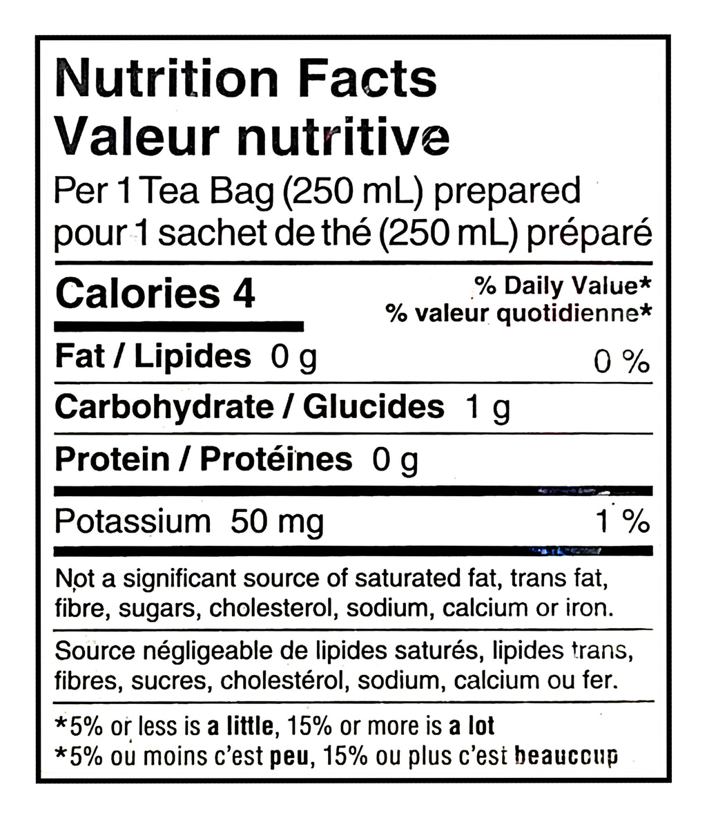 Nutrition facts label for Red Rose Orange Pekoe Tea