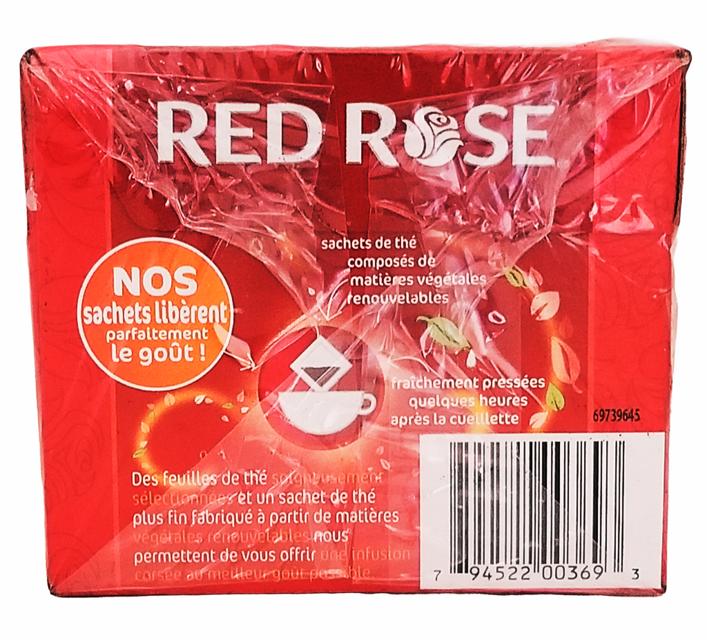 Red Rose tea package with clear plastic wrapping