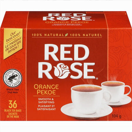 Red Rose Orange Pekoe tea box with two cups on a white background