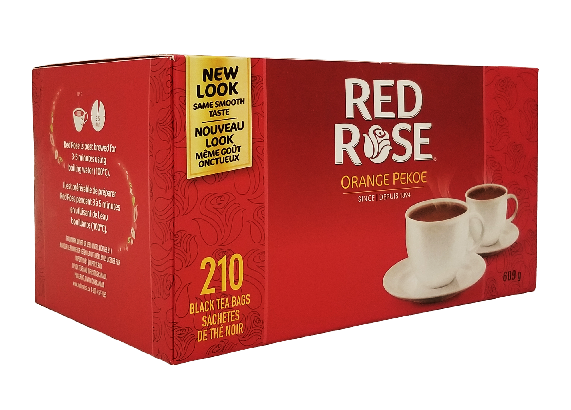 Red Rose Orange Pekoe 210ct tea box with two cups on a white background