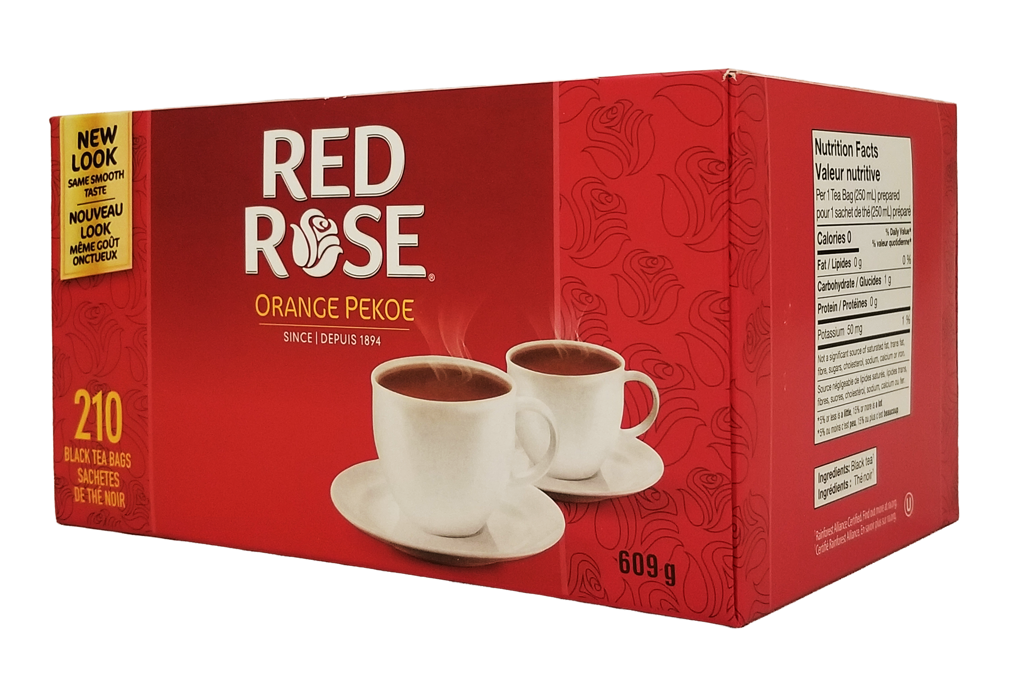 Red Rose Orange Pekoe tea 210ct box with two cups of tea on a white background