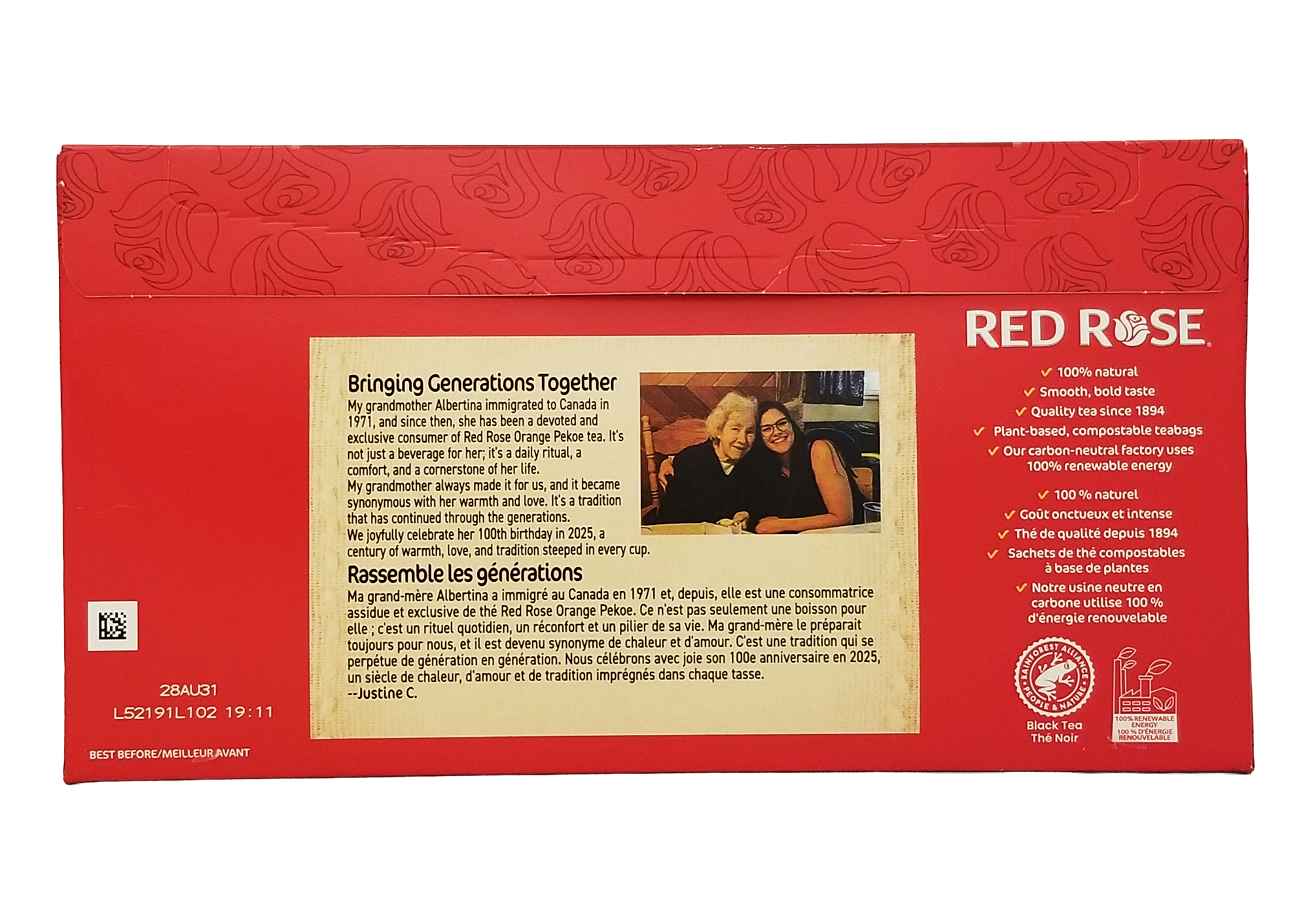 Red Rose Orange Pekoe Tea, 210 Bags package with text and a photo of two people on a white background
