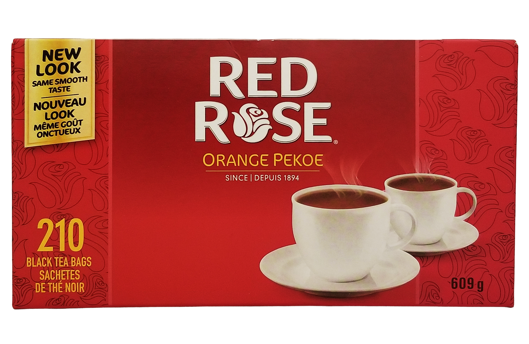 Red Rose Orange Pekoe tea 210ct box with two cups of tea on a red background