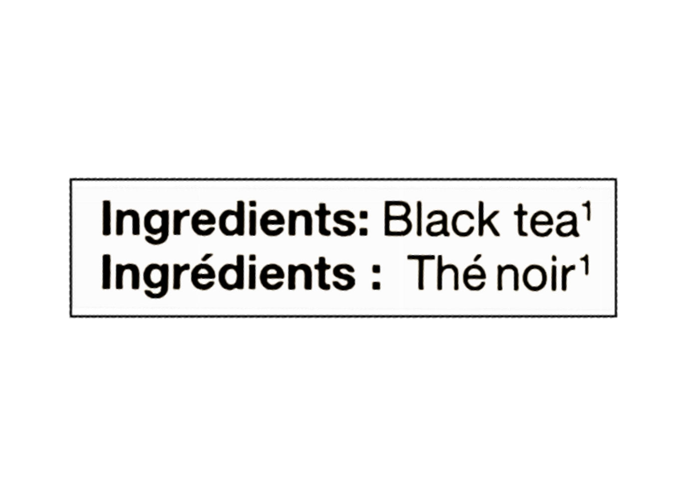 Text indicating 'Ingredients: Black tea' in English and French on a white background